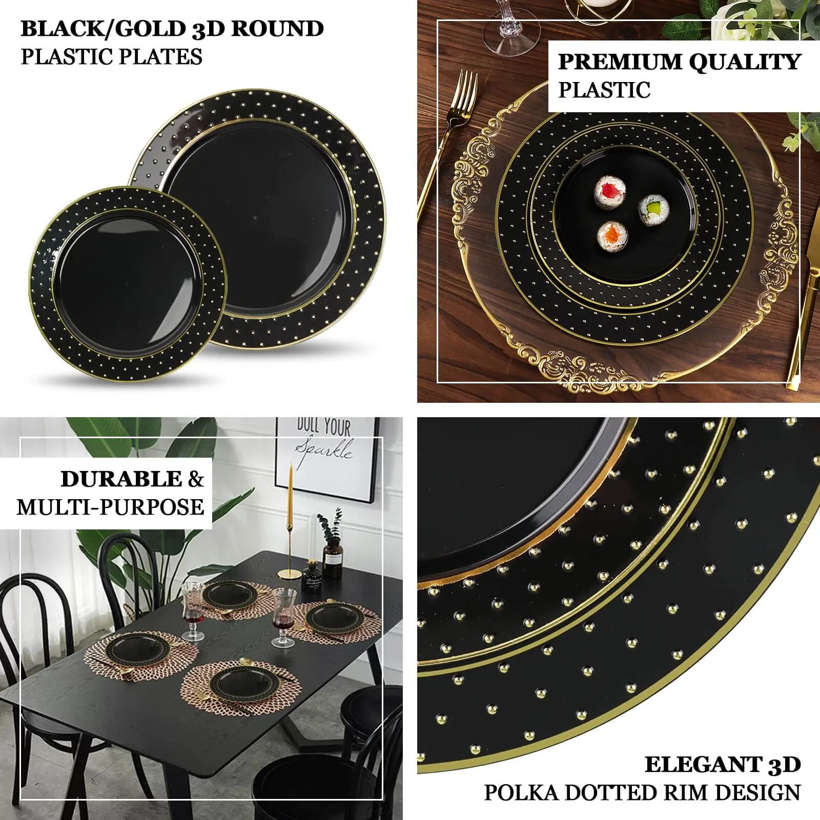 10 Pack 10" Black Gold 3D Disposable Dinner Plates With Dotted Rim Design, Round Plastic Party Plates