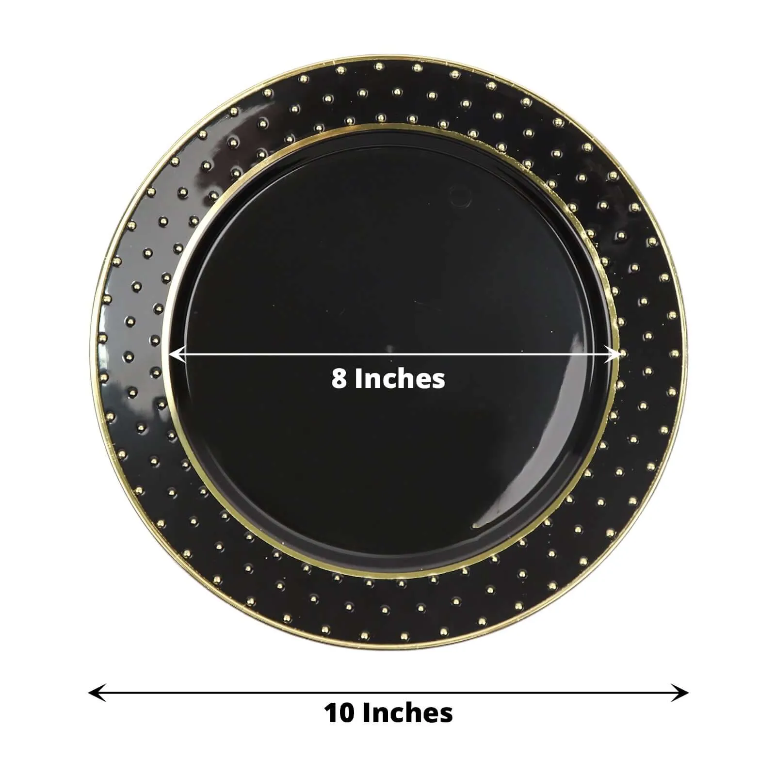 10 Pack 10" Black Gold 3D Disposable Dinner Plates With Dotted Rim Design, Round Plastic Party Plates