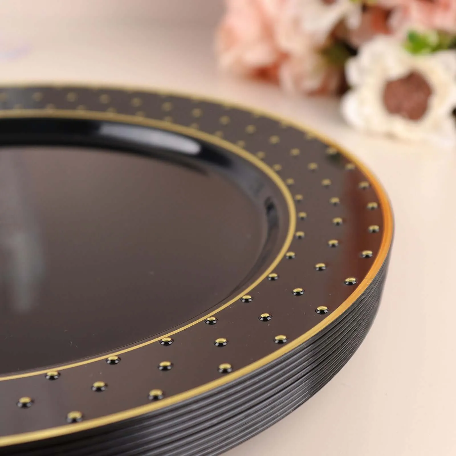 10 Pack 10" Black Gold 3D Disposable Dinner Plates With Dotted Rim Design, Round Plastic Party Plates