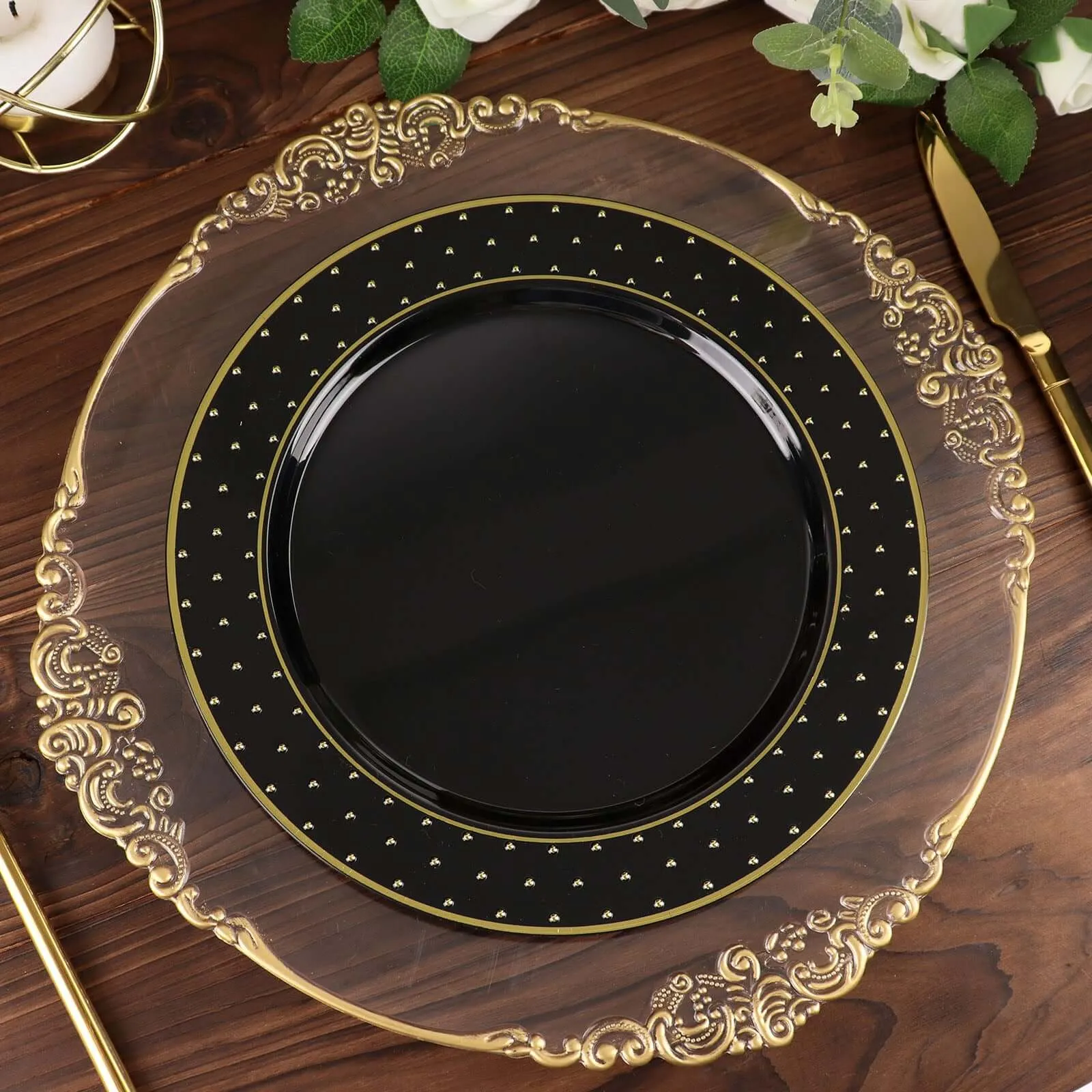 10 Pack 10" Black Gold 3D Disposable Dinner Plates With Dotted Rim Design, Round Plastic Party Plates