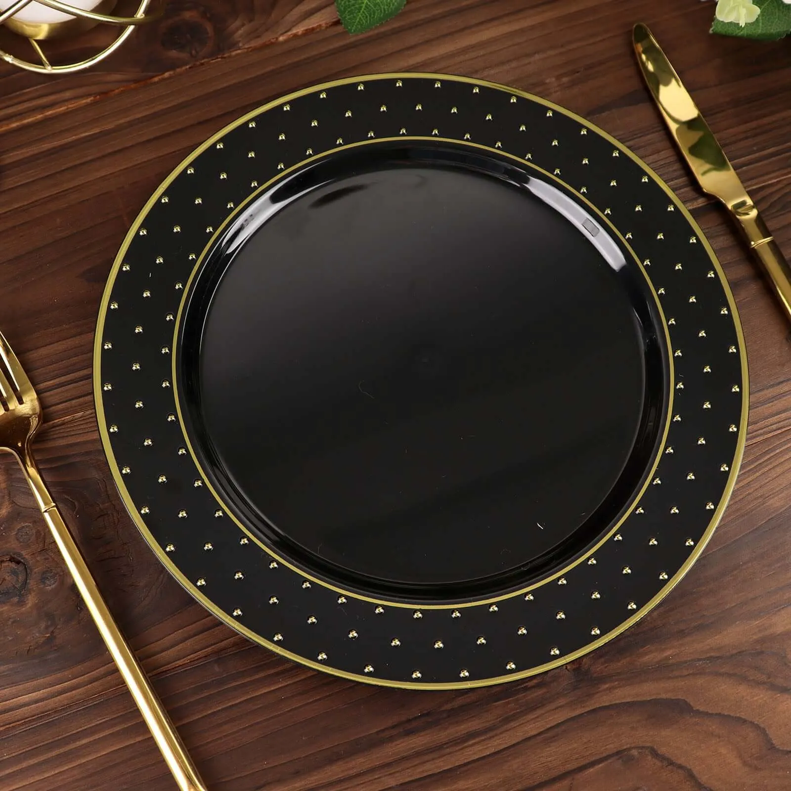 10 Pack 10" Black Gold 3D Disposable Dinner Plates With Dotted Rim Design, Round Plastic Party Plates