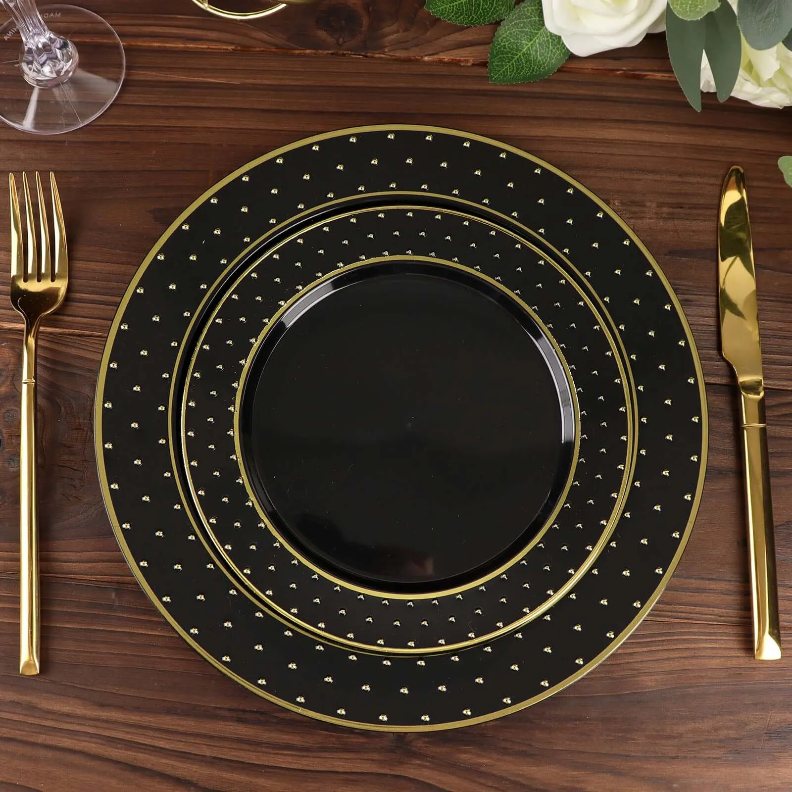 10 Pack 10" Black Gold 3D Disposable Dinner Plates With Dotted Rim Design, Round Plastic Party Plates