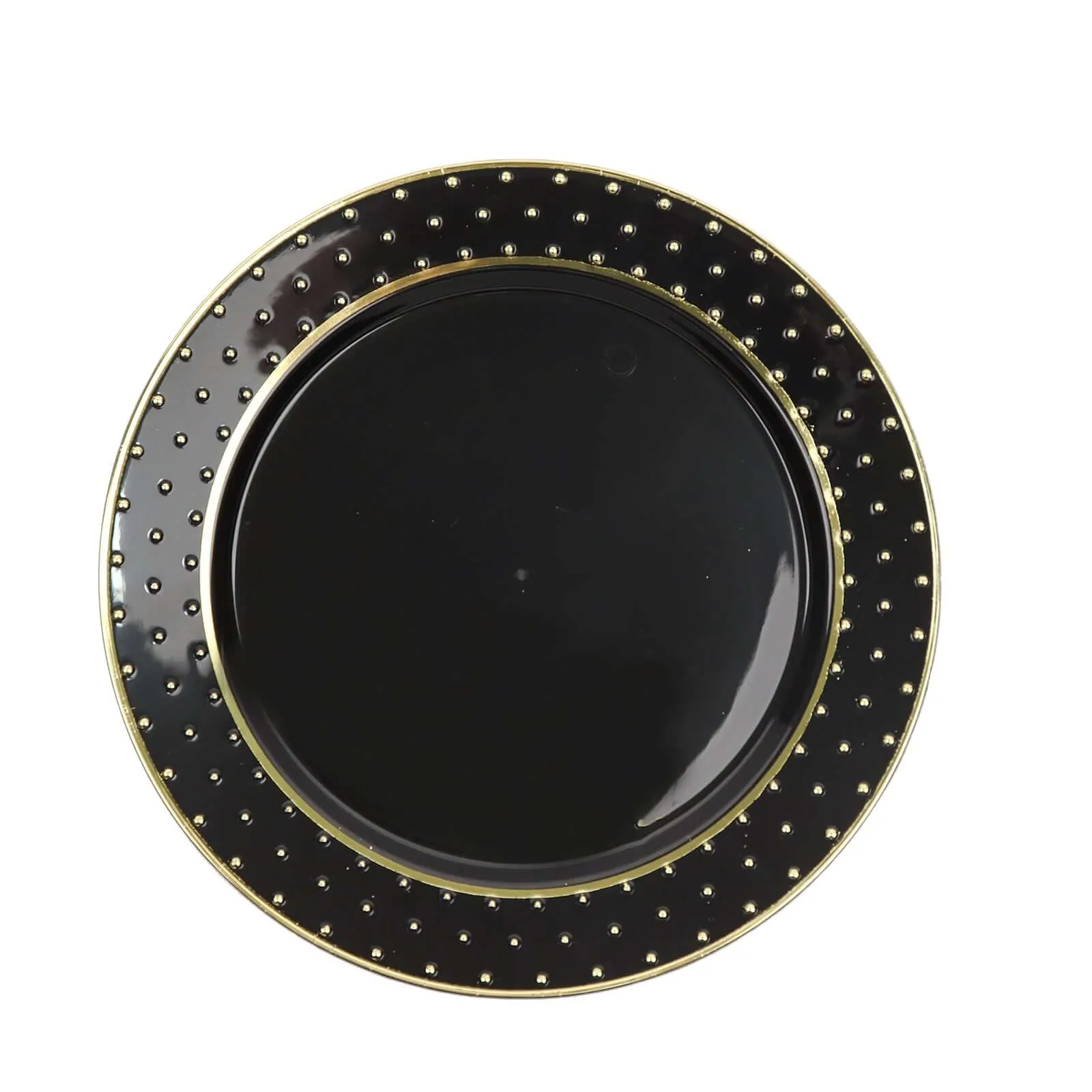 10 Pack 10" Black Gold 3D Disposable Dinner Plates With Dotted Rim Design, Round Plastic Party Plates