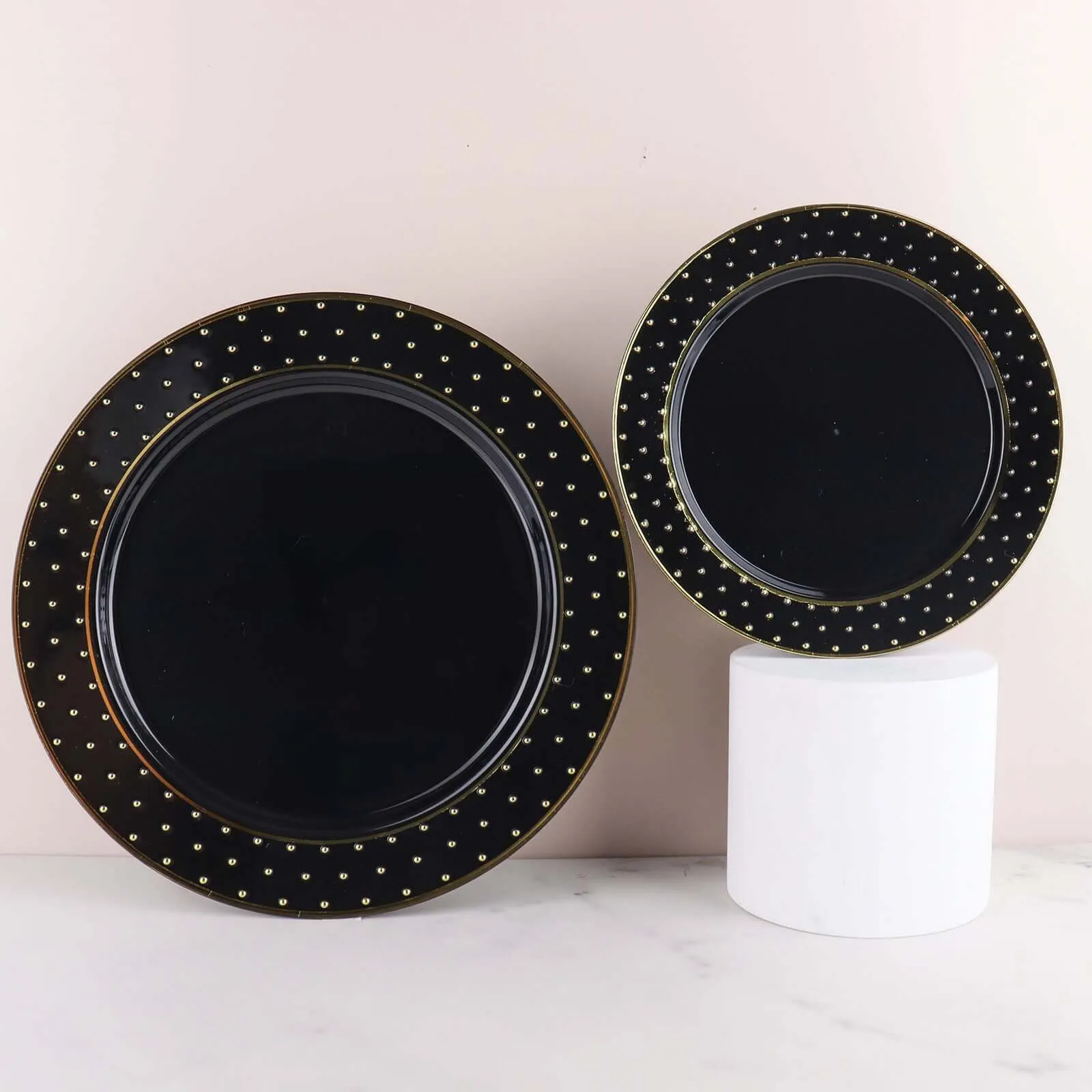 10 Pack 10" Black Gold 3D Disposable Dinner Plates With Dotted Rim Design, Round Plastic Party Plates