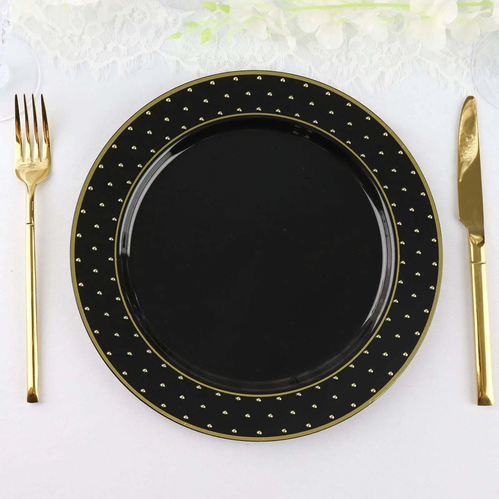 10 Pack 10" Black Gold 3D Disposable Dinner Plates With Dotted Rim Design, Round Plastic Party Plates