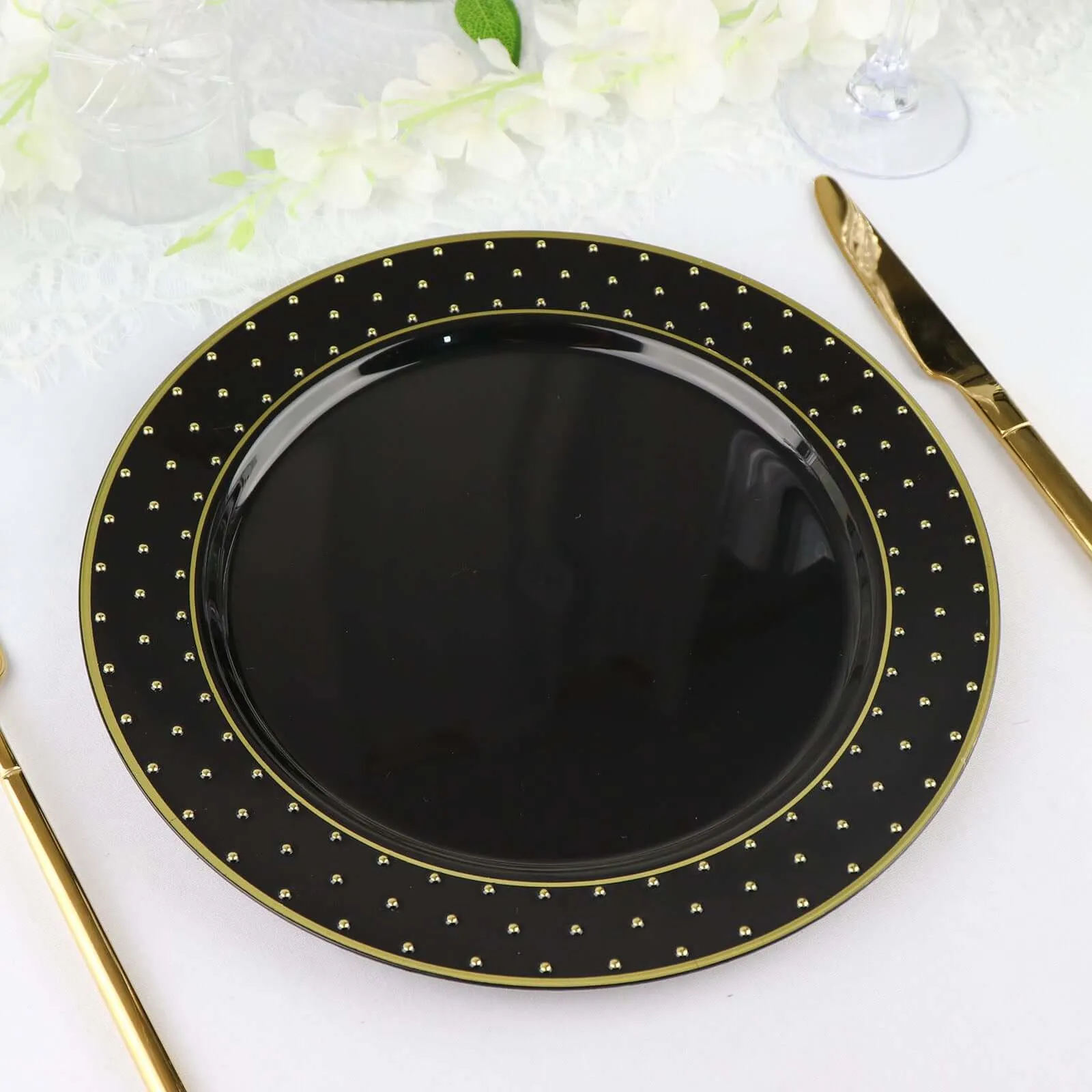 10 Pack 10" Black Gold 3D Disposable Dinner Plates With Dotted Rim Design, Round Plastic Party Plates