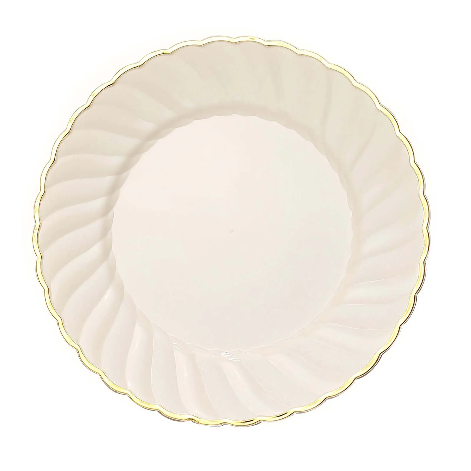 10 Pack 10" Ivory Gold Flair Rim Disposable Dinner Plates, Round Plastic Party Plates