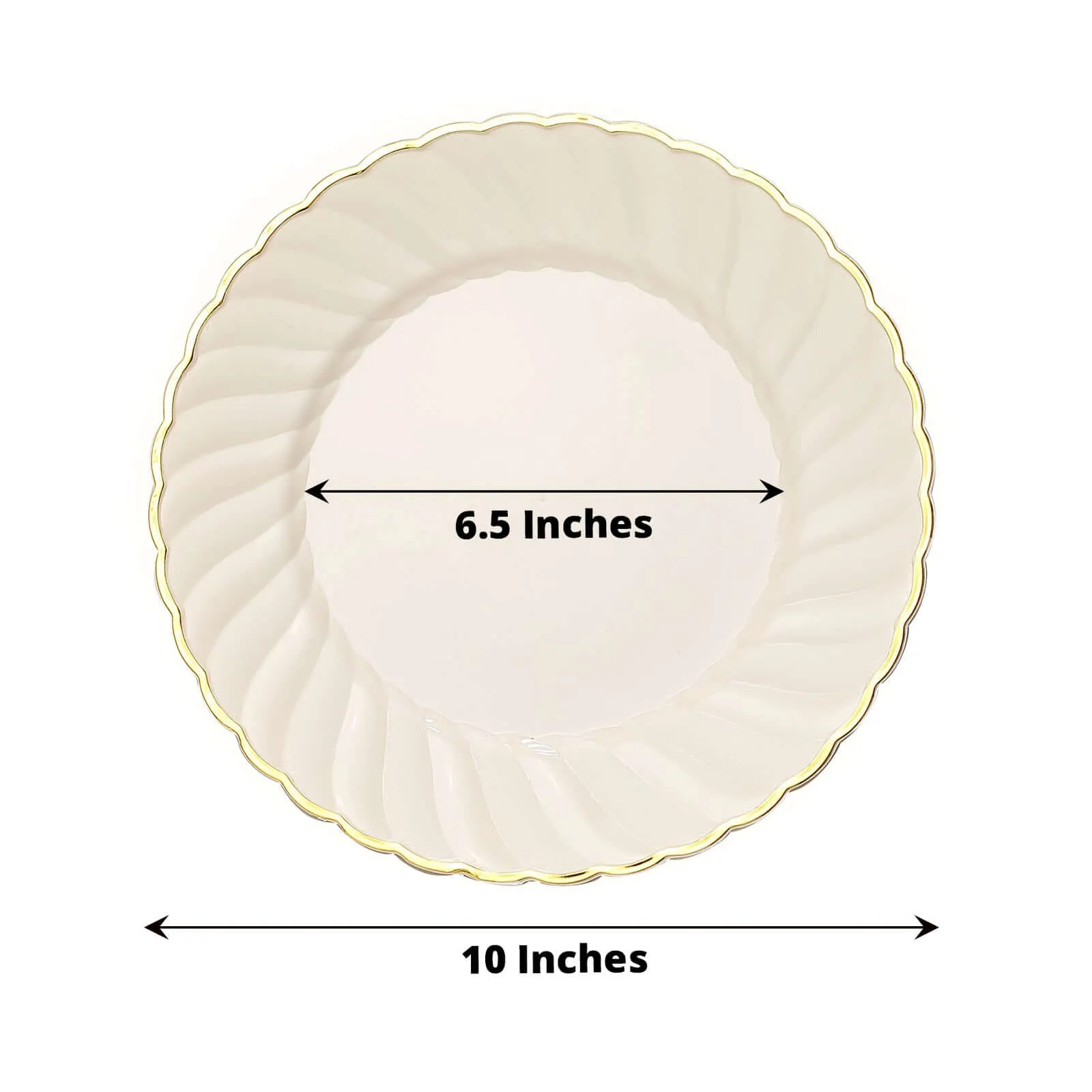 10 Pack 10" Ivory Gold Flair Rim Disposable Dinner Plates, Round Plastic Party Plates