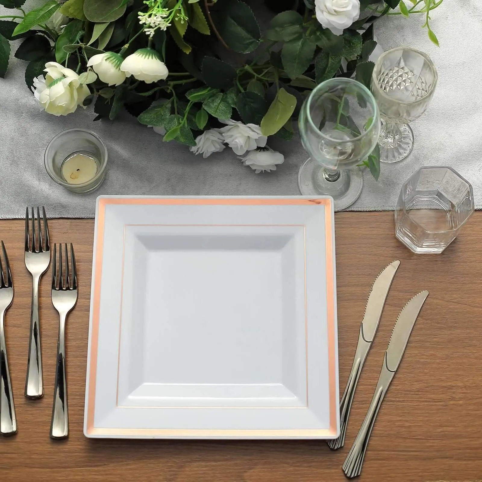 10 Pack 10" Rose Gold Trim White Square Disposable Dinner Plates, Plastic Party Plates