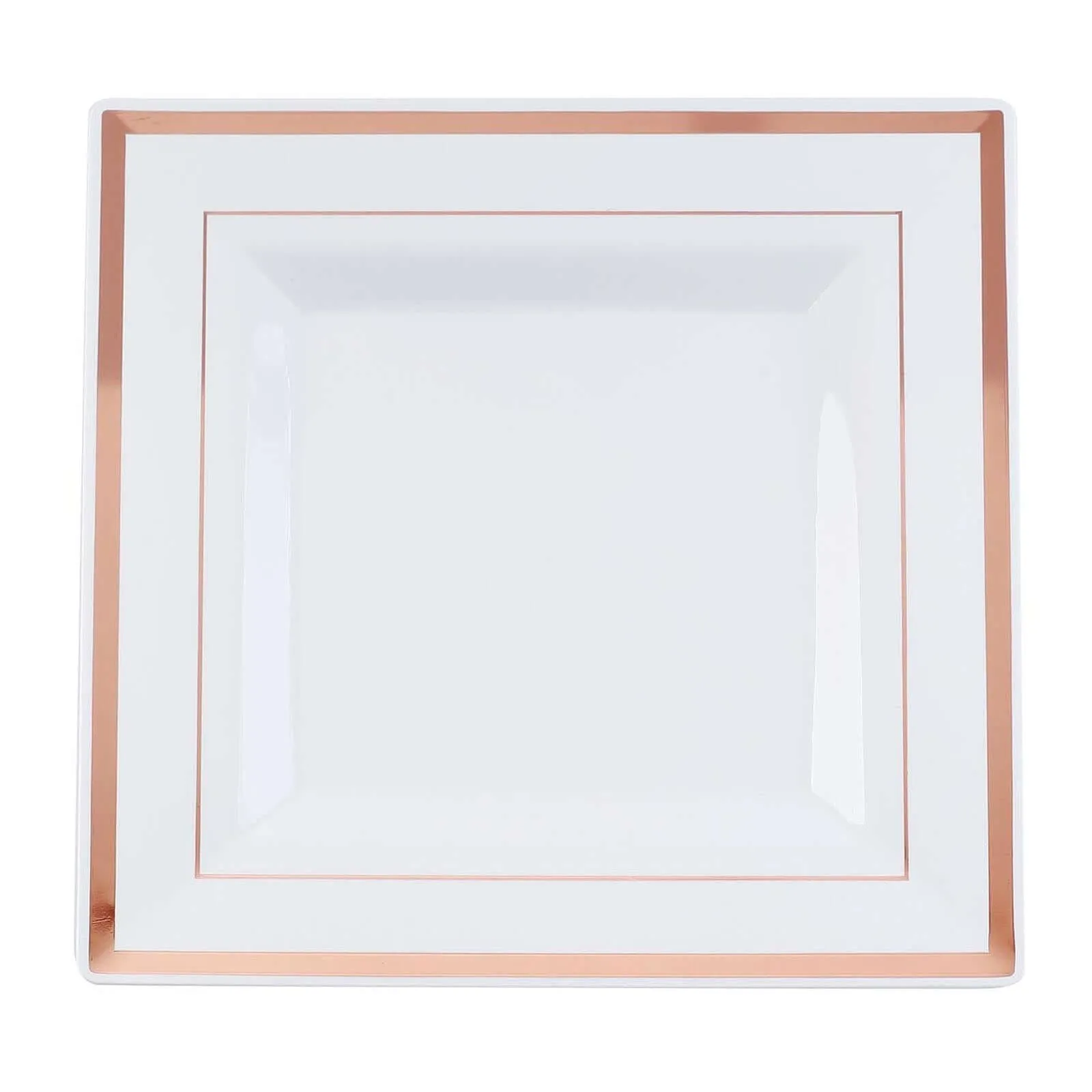 10 Pack 10" Rose Gold Trim White Square Disposable Dinner Plates, Plastic Party Plates