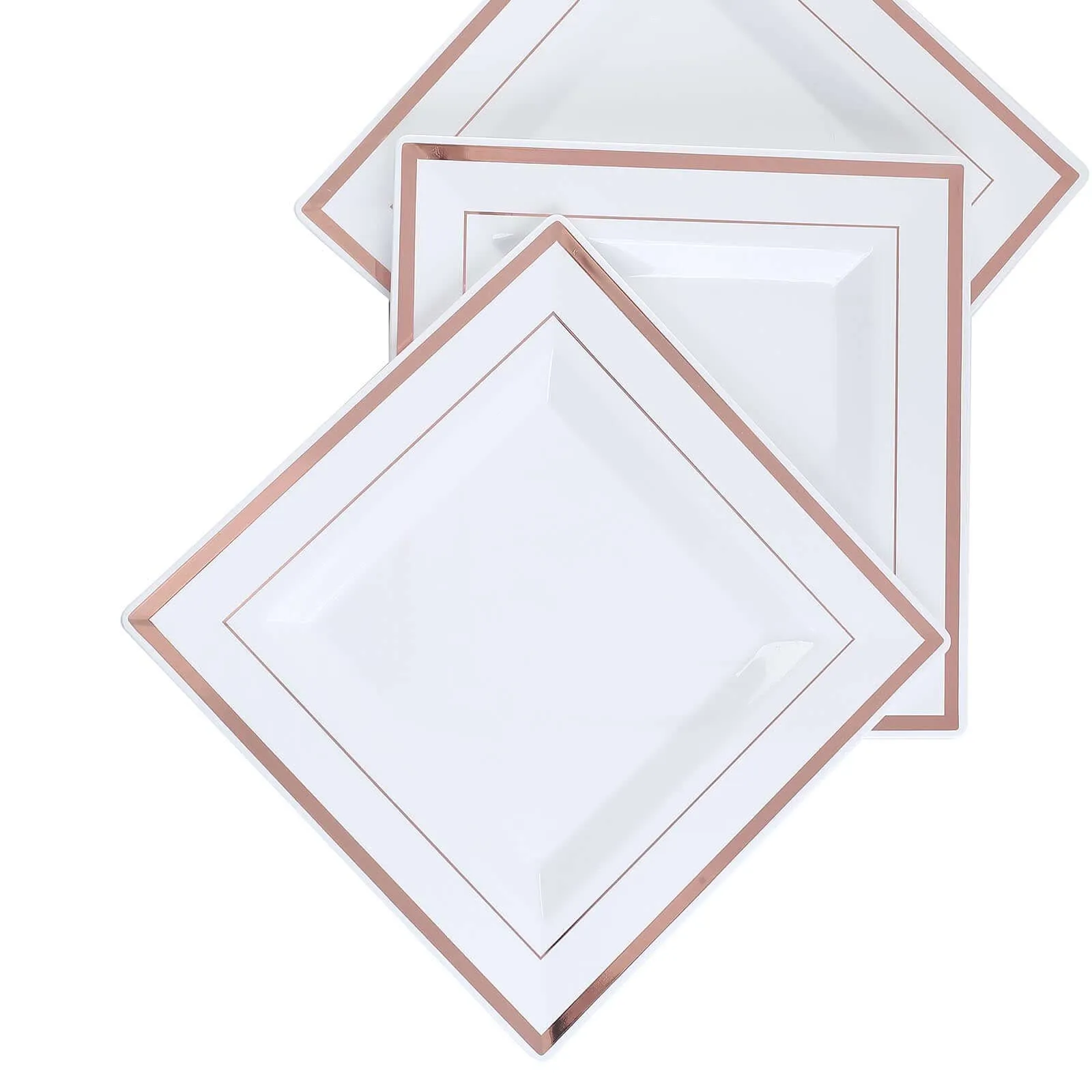 10 Pack 10" Rose Gold Trim White Square Disposable Dinner Plates, Plastic Party Plates