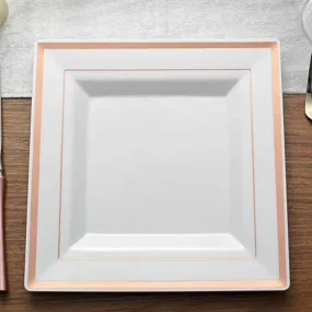 10 Pack 10" Rose Gold Trim White Square Disposable Dinner Plates, Plastic Party Plates