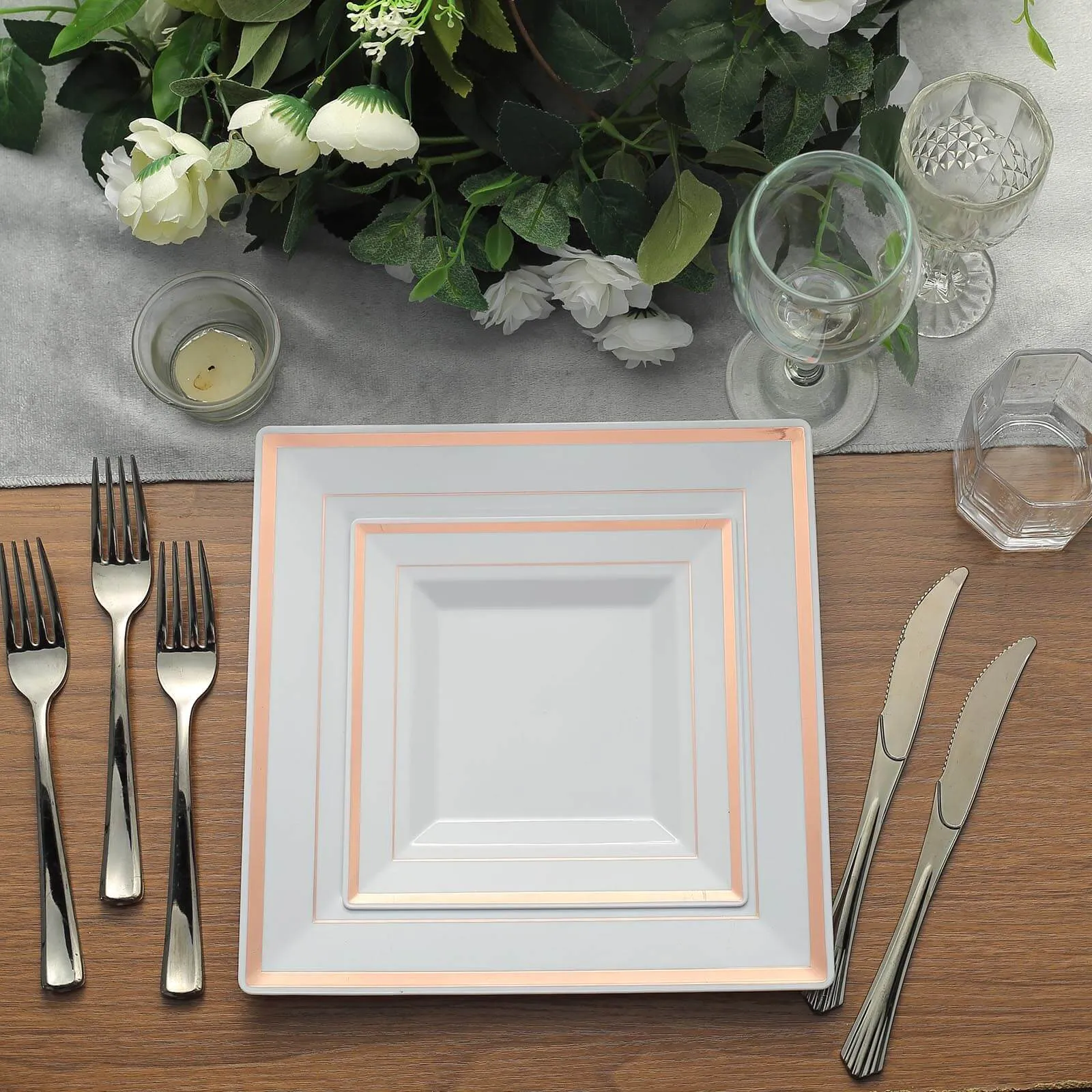 10 Pack 10" Rose Gold Trim White Square Disposable Dinner Plates, Plastic Party Plates