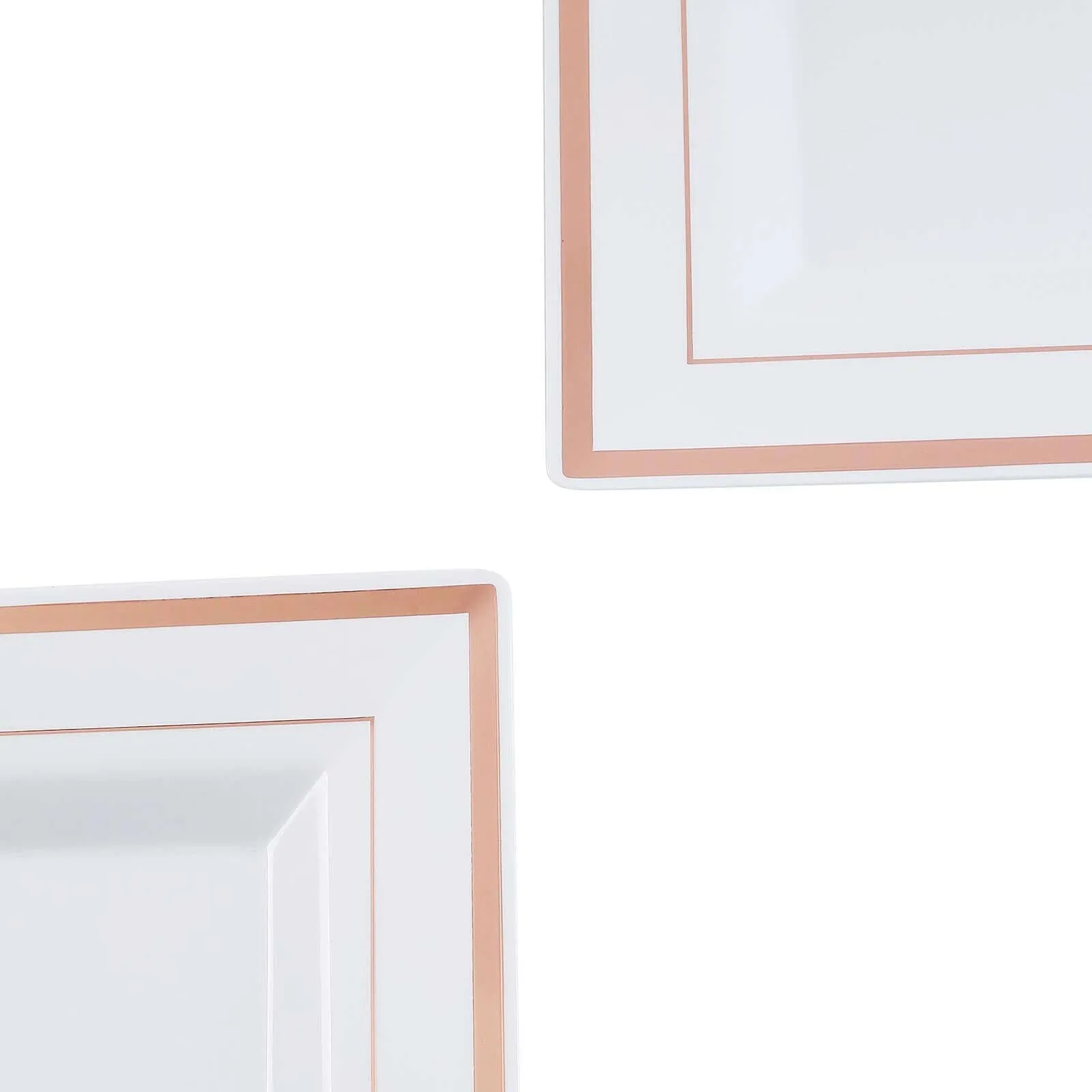 10 Pack 10" Rose Gold Trim White Square Disposable Dinner Plates, Plastic Party Plates