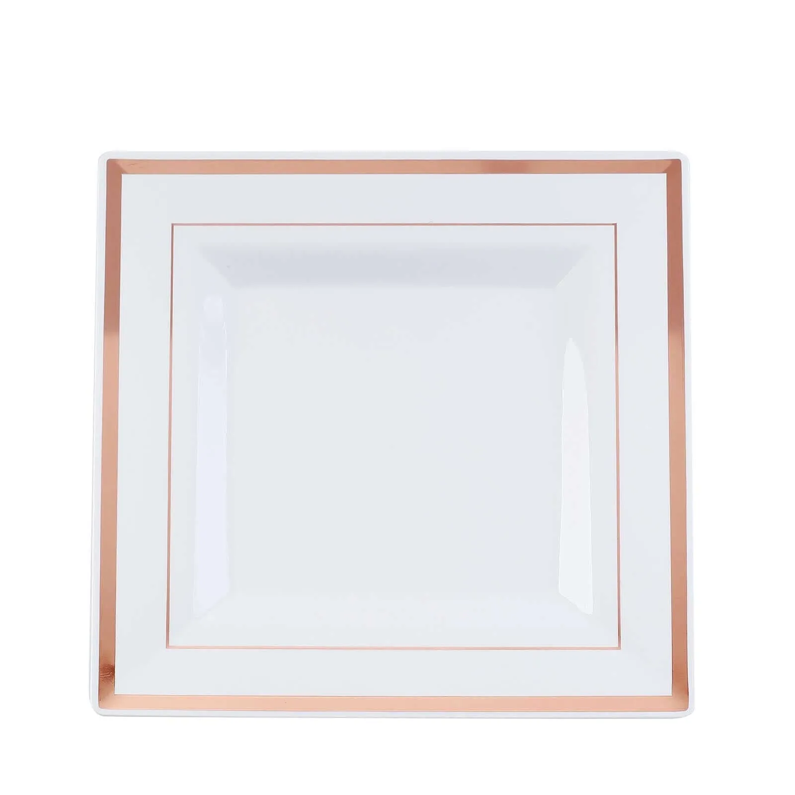 10 Pack 10" Rose Gold Trim White Square Disposable Dinner Plates, Plastic Party Plates