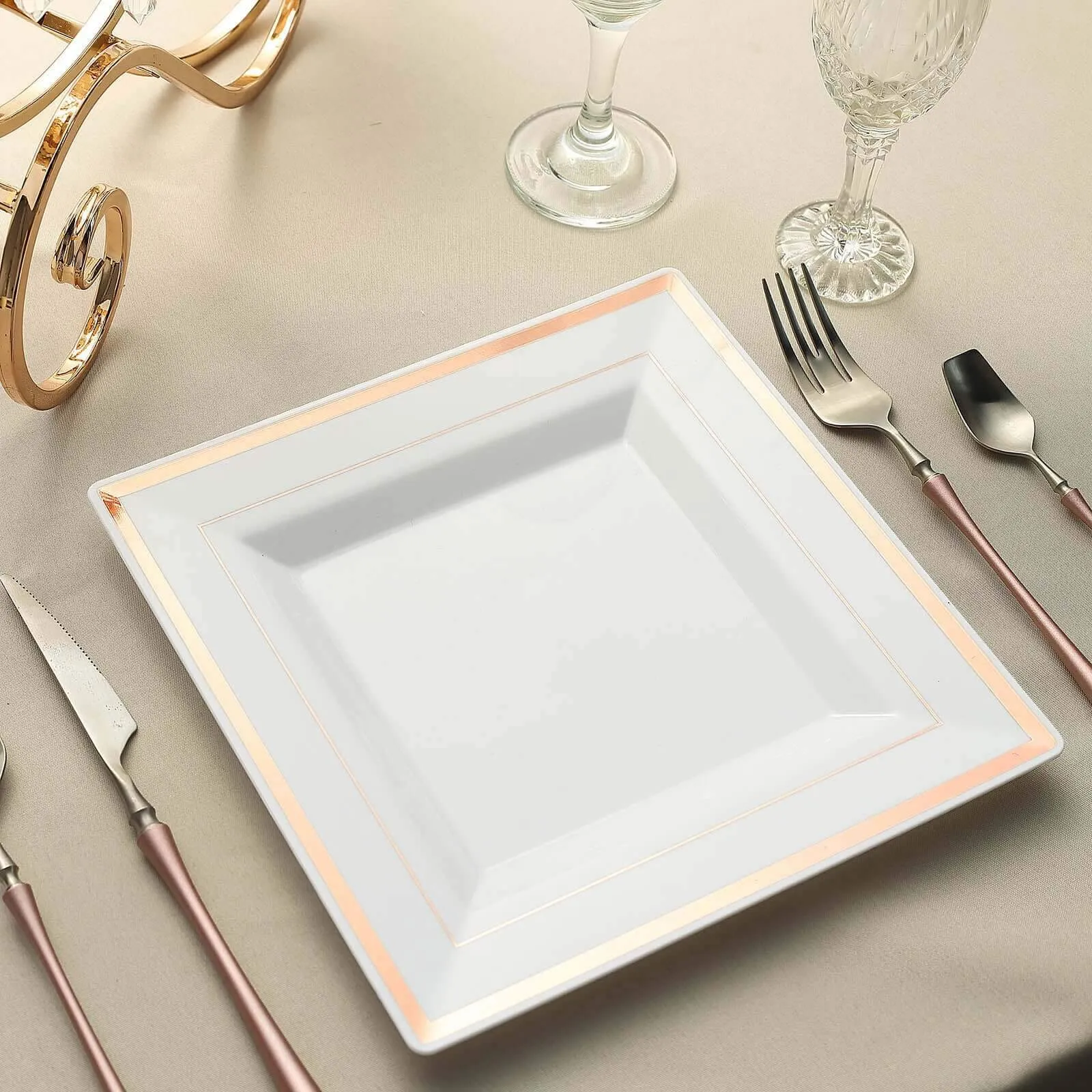 10 Pack 10" Rose Gold Trim White Square Disposable Dinner Plates, Plastic Party Plates