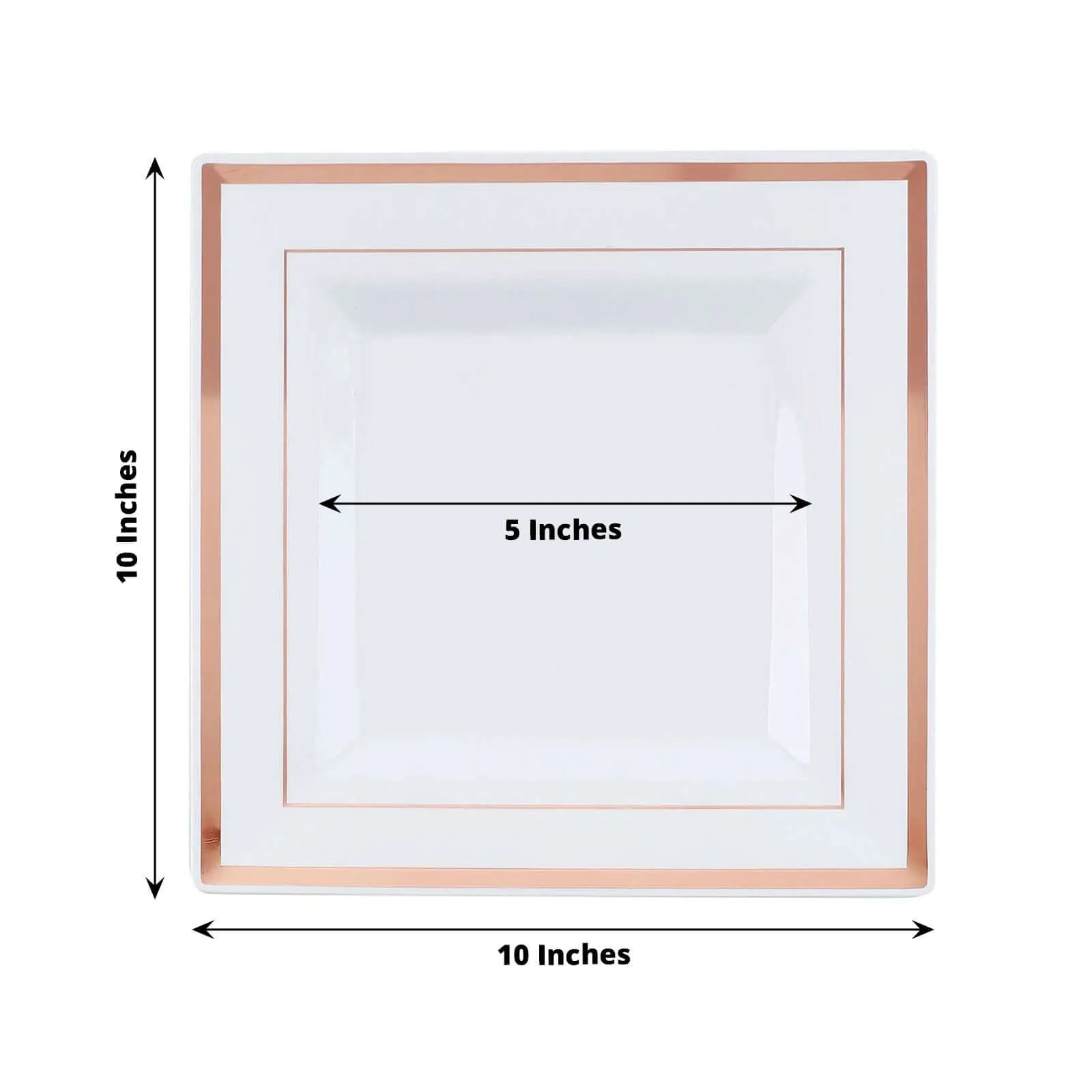 10 Pack 10" Rose Gold Trim White Square Disposable Dinner Plates, Plastic Party Plates