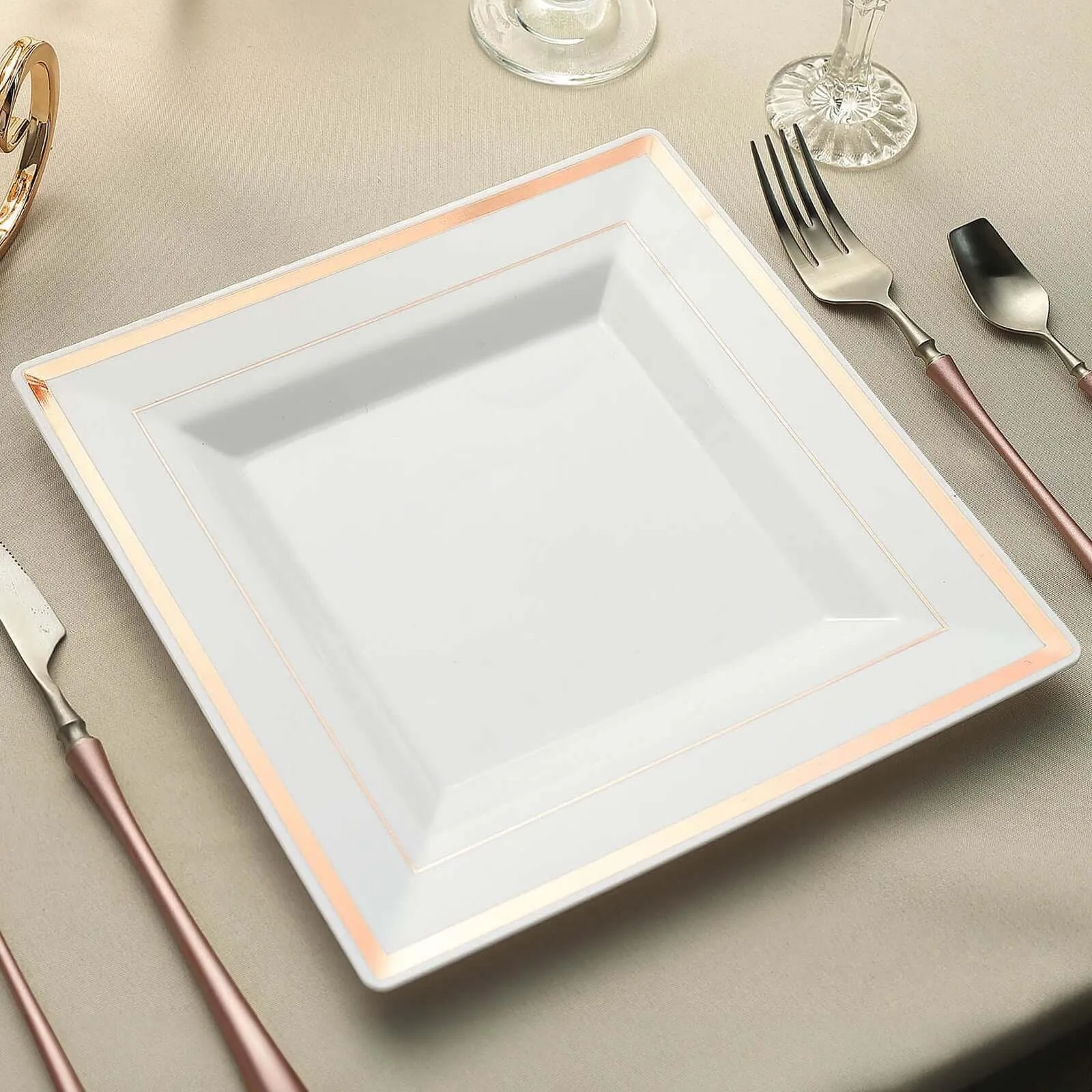 10 Pack 10" Rose Gold Trim White Square Disposable Dinner Plates, Plastic Party Plates