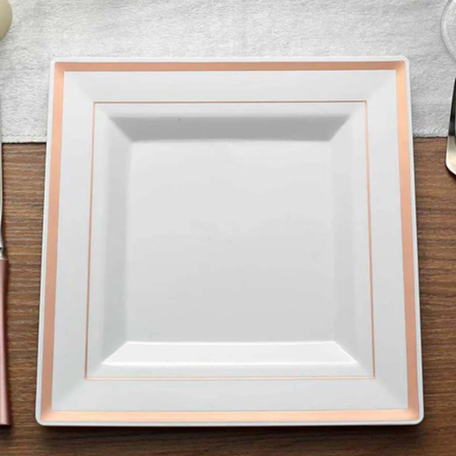 10 Pack 10" Rose Gold Trim White Square Disposable Dinner Plates, Plastic Party Plates