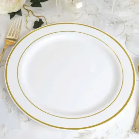 10 Pack 10" Très Chic Gold Rim White Disposable Dinner Plates, Plastic Party Plates