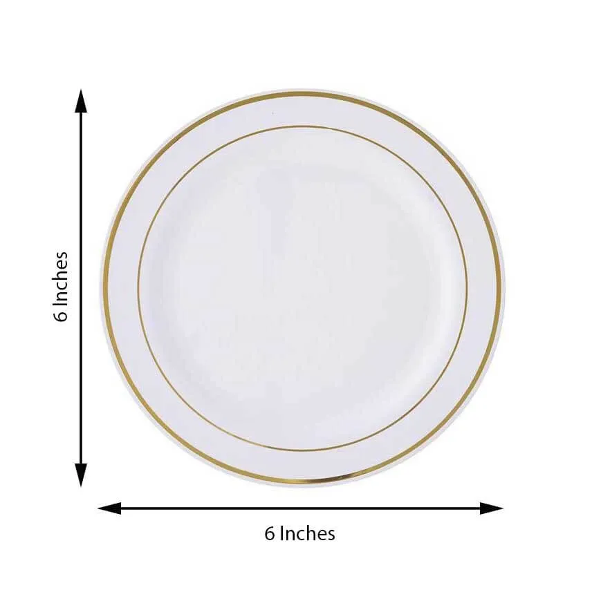 10 Pack 6" Très Chic Gold Rim White Disposable Salad Plates, Plastic Dessert Appetizer Plates