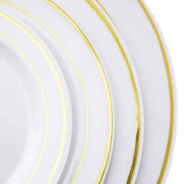 10 Pack 6" Très Chic Gold Rim White Disposable Salad Plates, Plastic Dessert Appetizer Plates