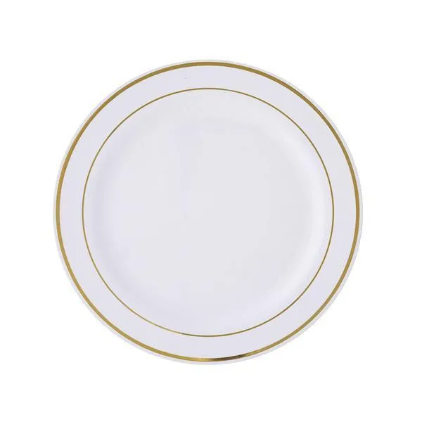 10 Pack 6" Très Chic Gold Rim White Disposable Salad Plates, Plastic Dessert Appetizer Plates