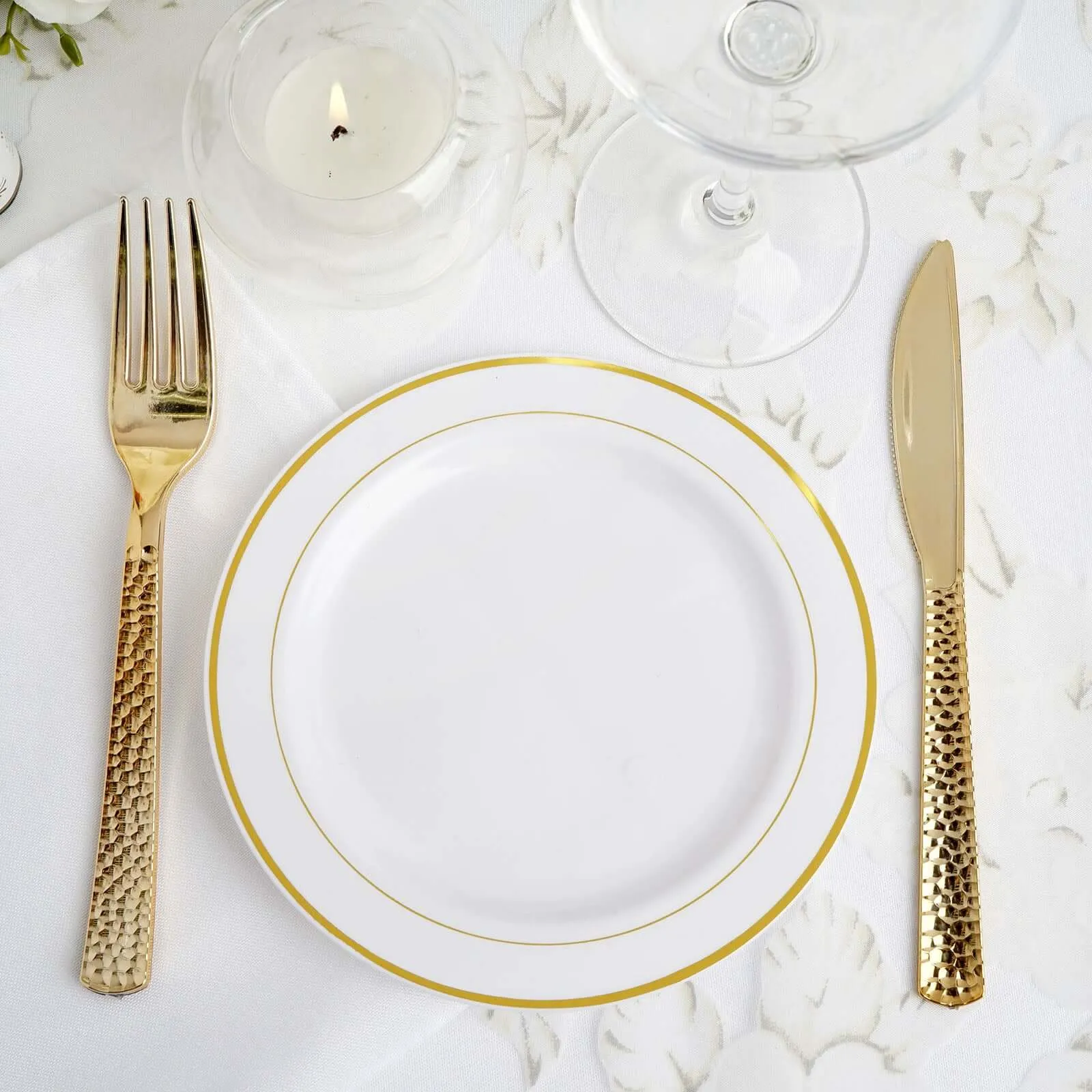 10 Pack 6" Très Chic Gold Rim White Disposable Salad Plates, Plastic Dessert Appetizer Plates