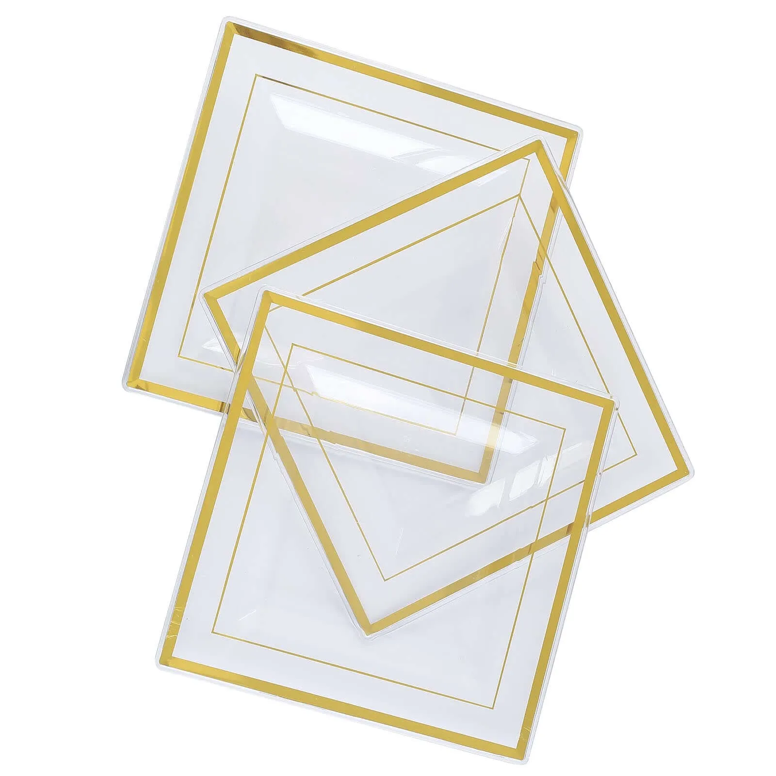 10 Pack 7" Gold Trim Clear Disposable Square Salad Plates, Plastic Appetizer Dessert Plates