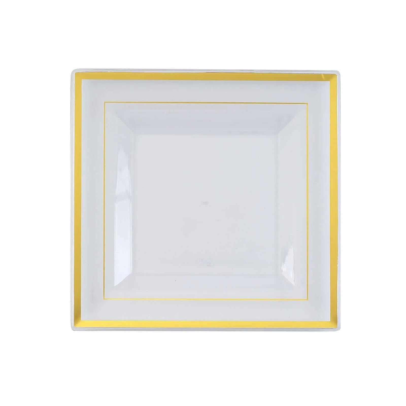 10 Pack 7" Gold Trim Clear Disposable Square Salad Plates, Plastic Appetizer Dessert Plates