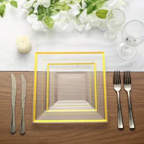 10 Pack 7" Gold Trim Clear Disposable Square Salad Plates, Plastic Appetizer Dessert Plates