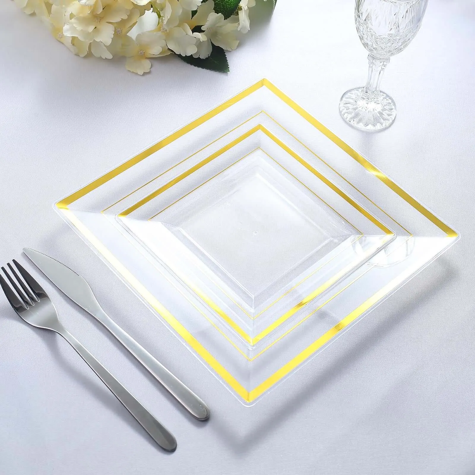 10 Pack 7" Gold Trim Clear Disposable Square Salad Plates, Plastic Appetizer Dessert Plates