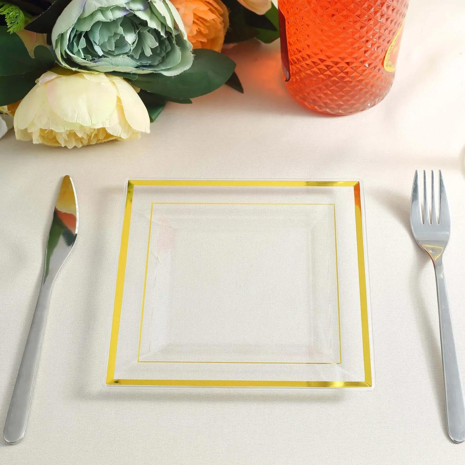 10 Pack 7" Gold Trim Clear Disposable Square Salad Plates, Plastic Appetizer Dessert Plates