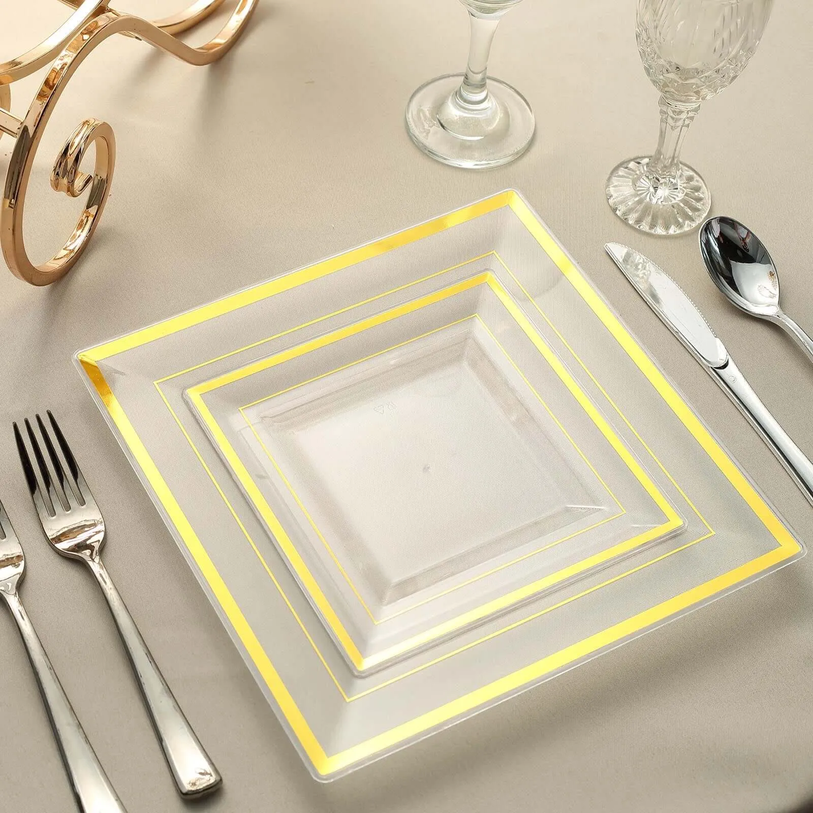 10 Pack 7" Gold Trim Clear Disposable Square Salad Plates, Plastic Appetizer Dessert Plates