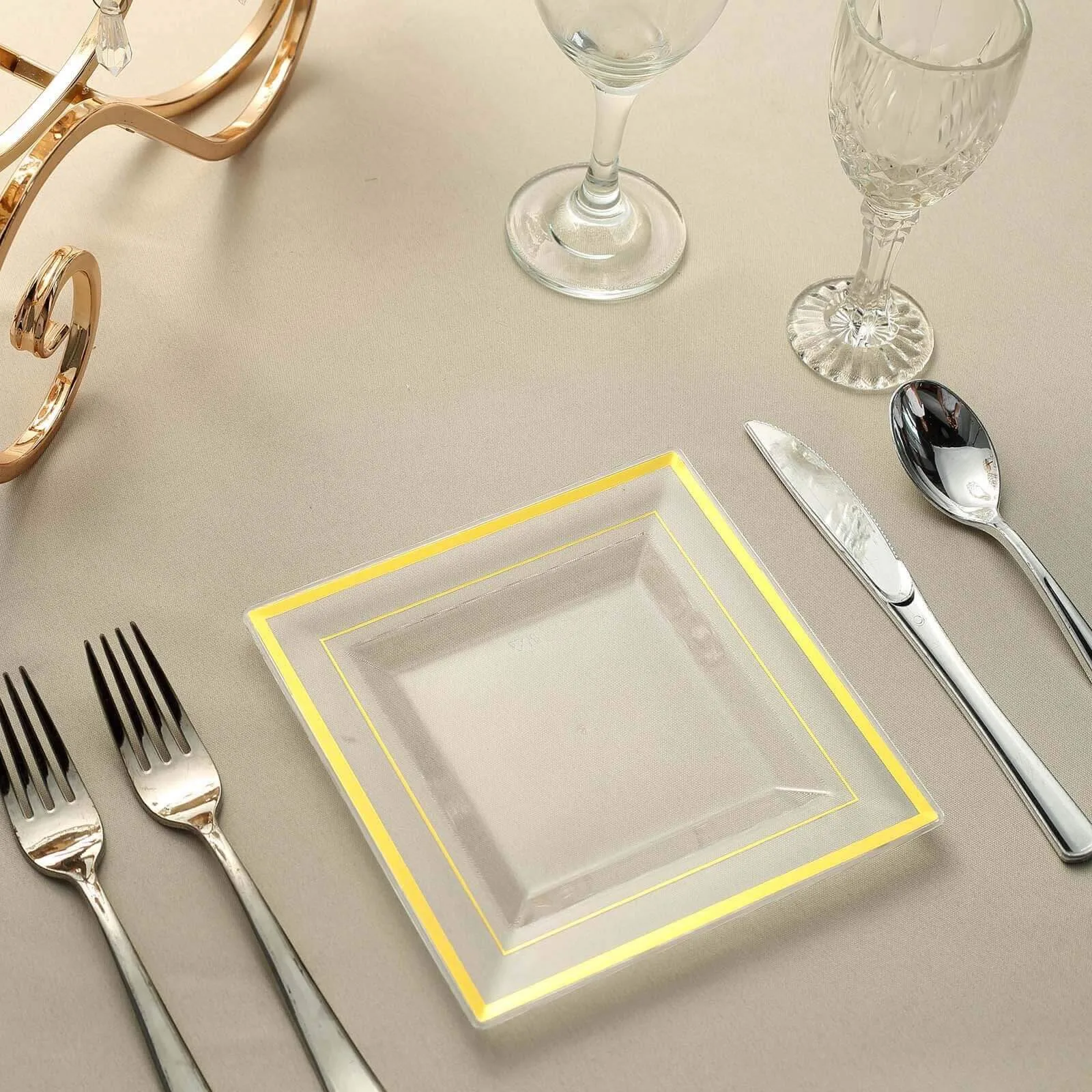 10 Pack 7" Gold Trim Clear Disposable Square Salad Plates, Plastic Appetizer Dessert Plates