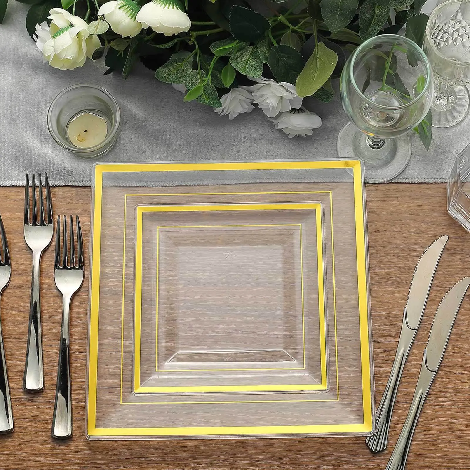 10 Pack 7" Gold Trim Clear Disposable Square Salad Plates, Plastic Appetizer Dessert Plates