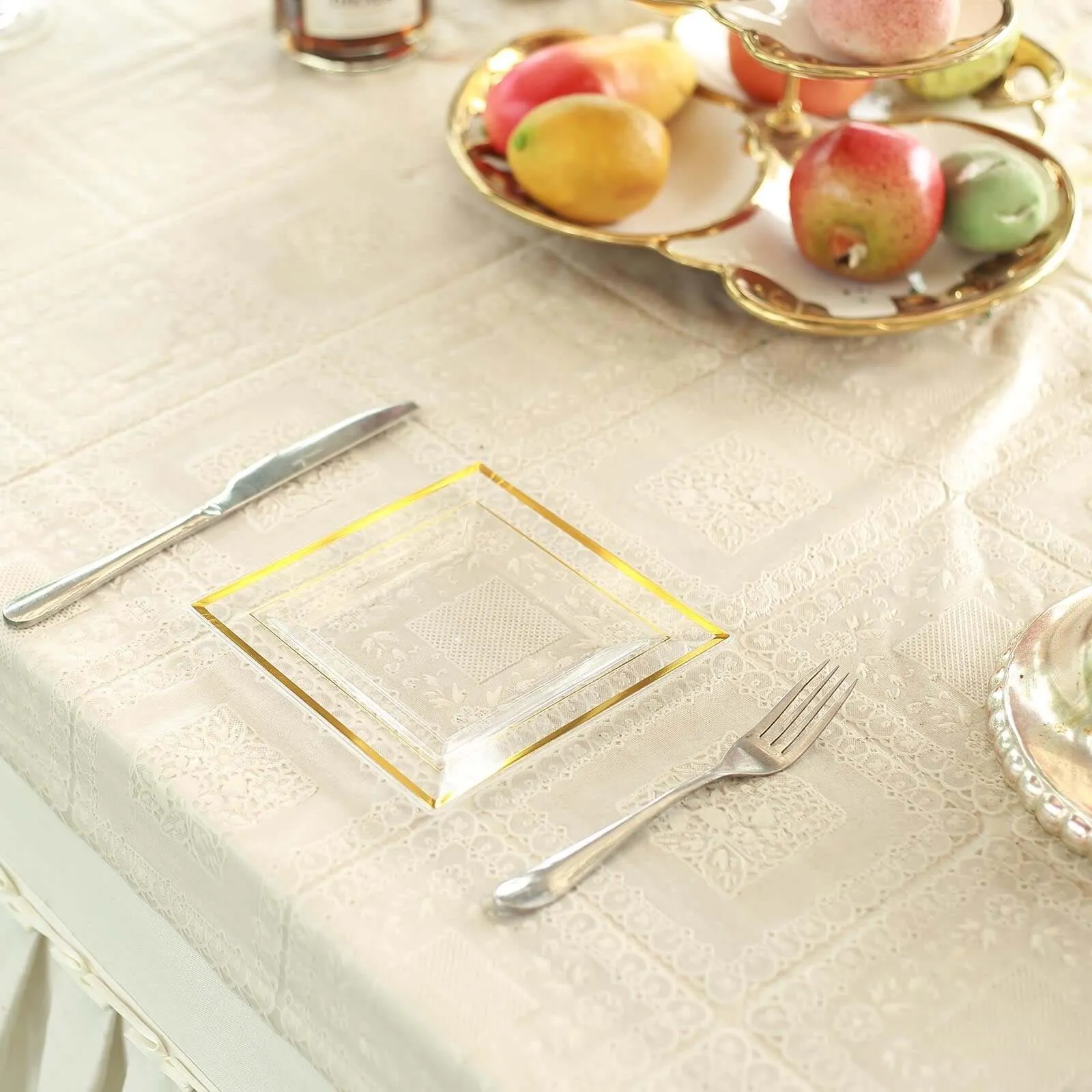 10 Pack 7" Gold Trim Clear Disposable Square Salad Plates, Plastic Appetizer Dessert Plates