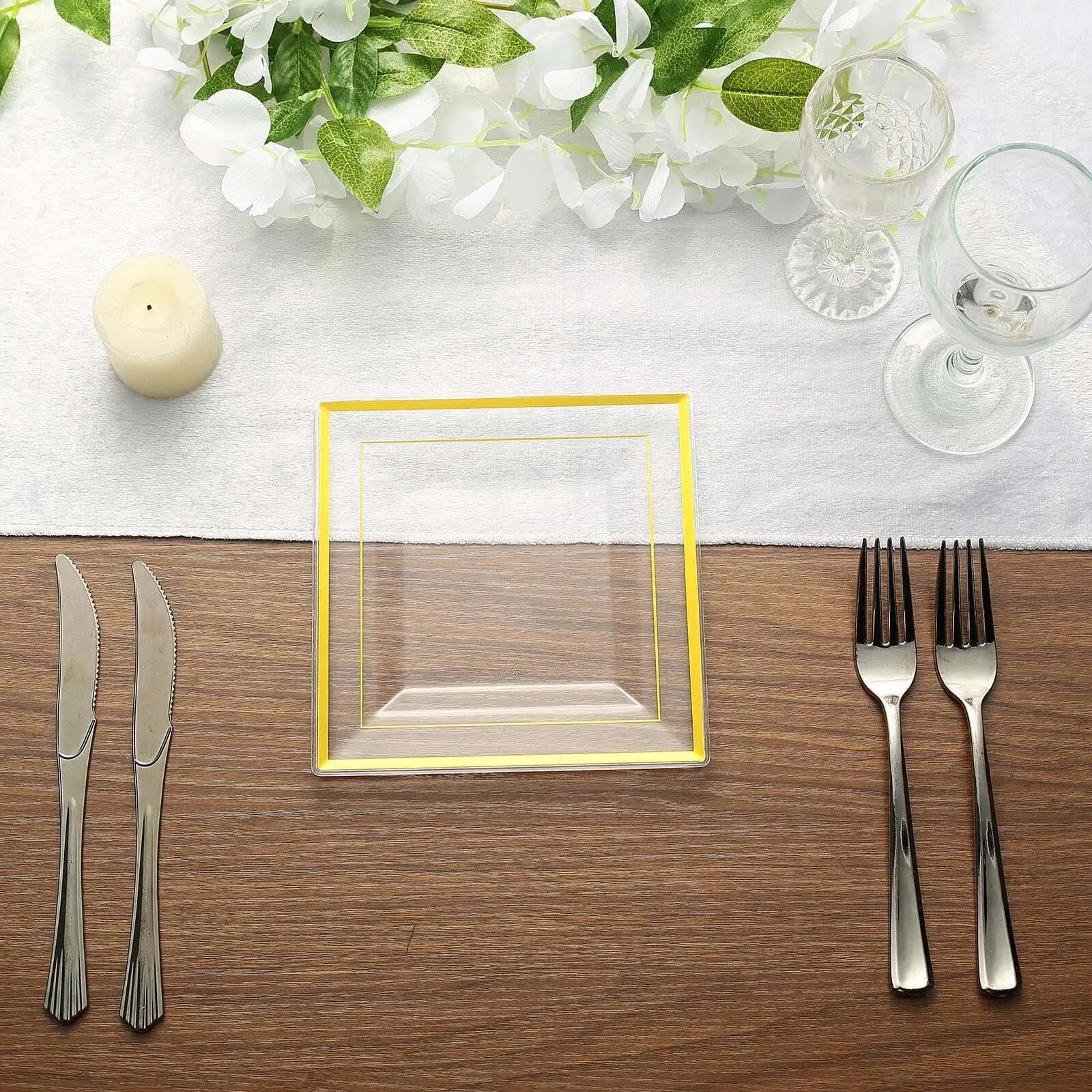 10 Pack 7" Gold Trim Clear Disposable Square Salad Plates, Plastic Appetizer Dessert Plates