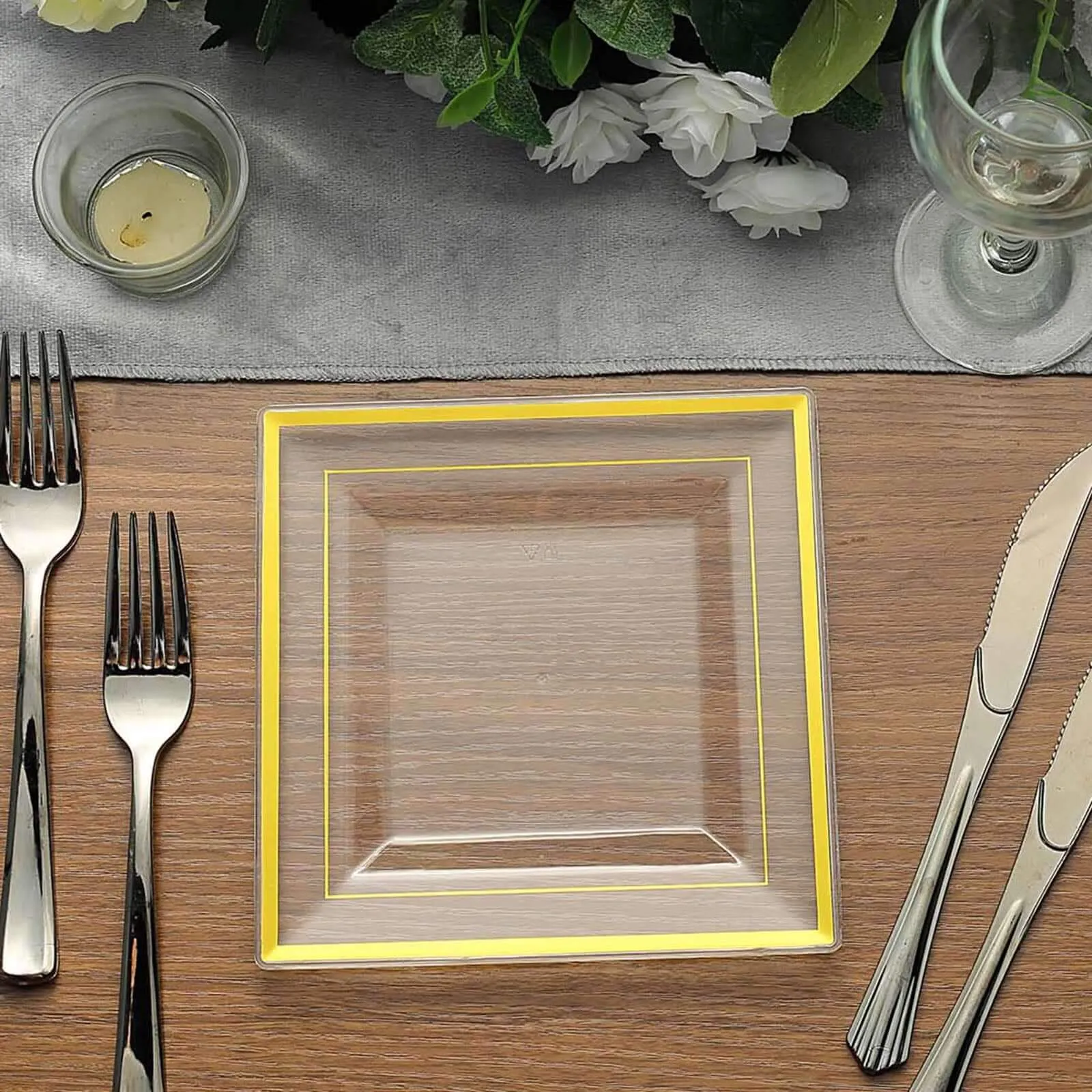 10 Pack 7" Gold Trim Clear Disposable Square Salad Plates, Plastic Appetizer Dessert Plates