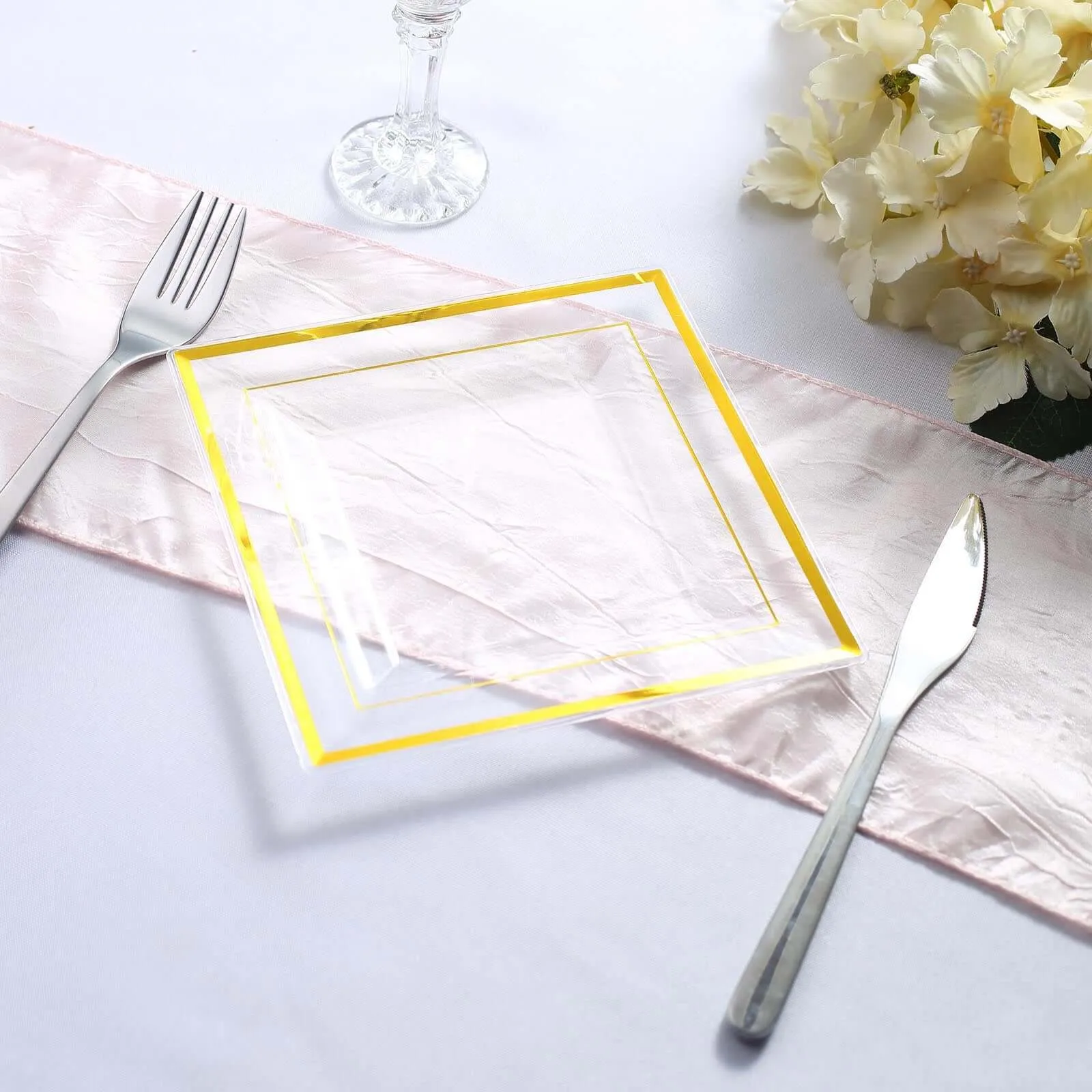 10 Pack 7" Gold Trim Clear Disposable Square Salad Plates, Plastic Appetizer Dessert Plates