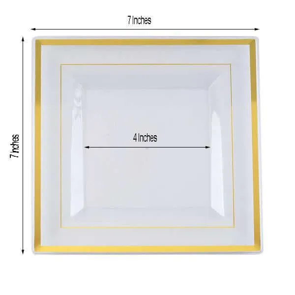 10 Pack 7" Gold Trim Clear Disposable Square Salad Plates, Plastic Appetizer Dessert Plates