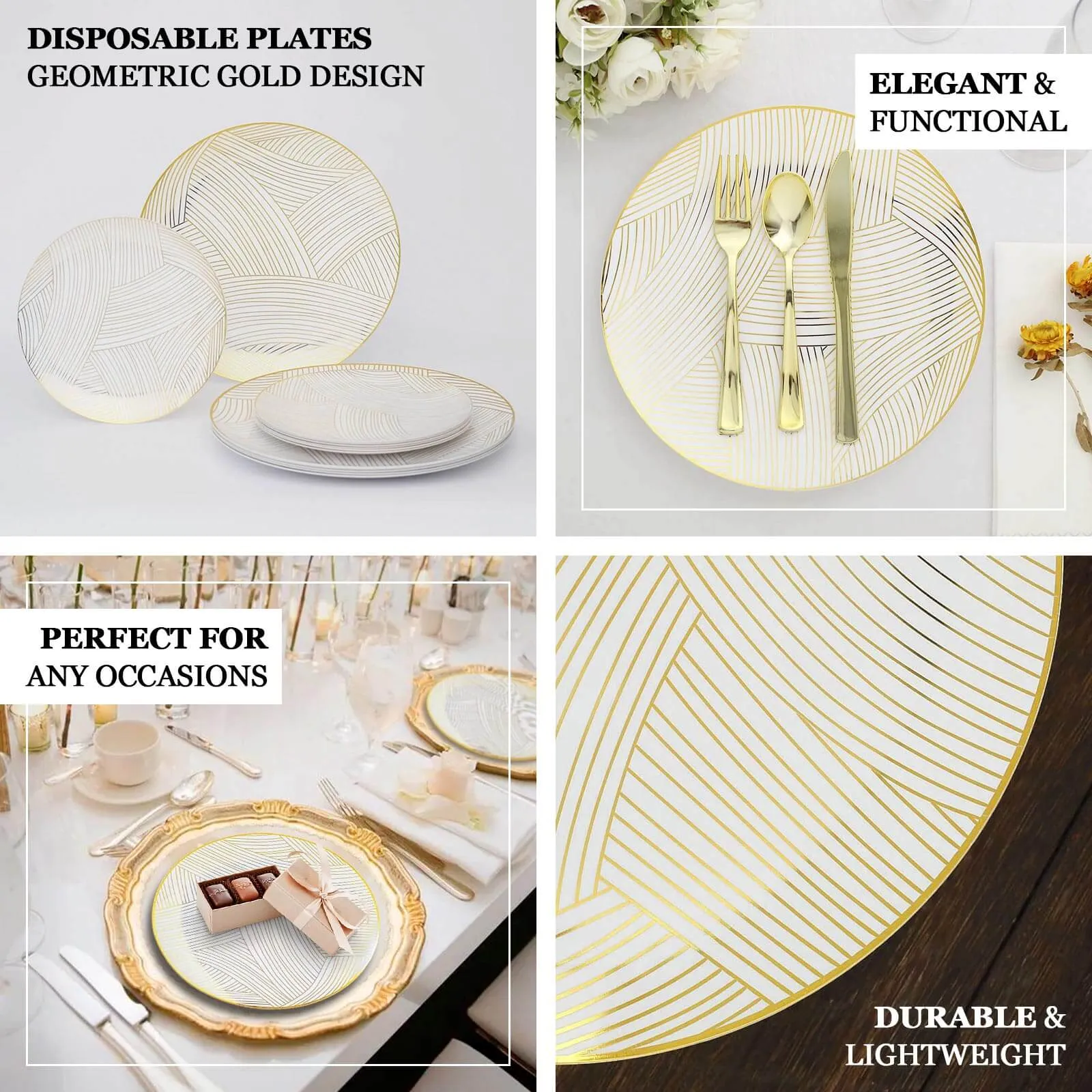 10 Pack 7" White Gold Wave Brush Stroked Disposable Salad Plates, Plastic Appetizer Dessert Party Plates