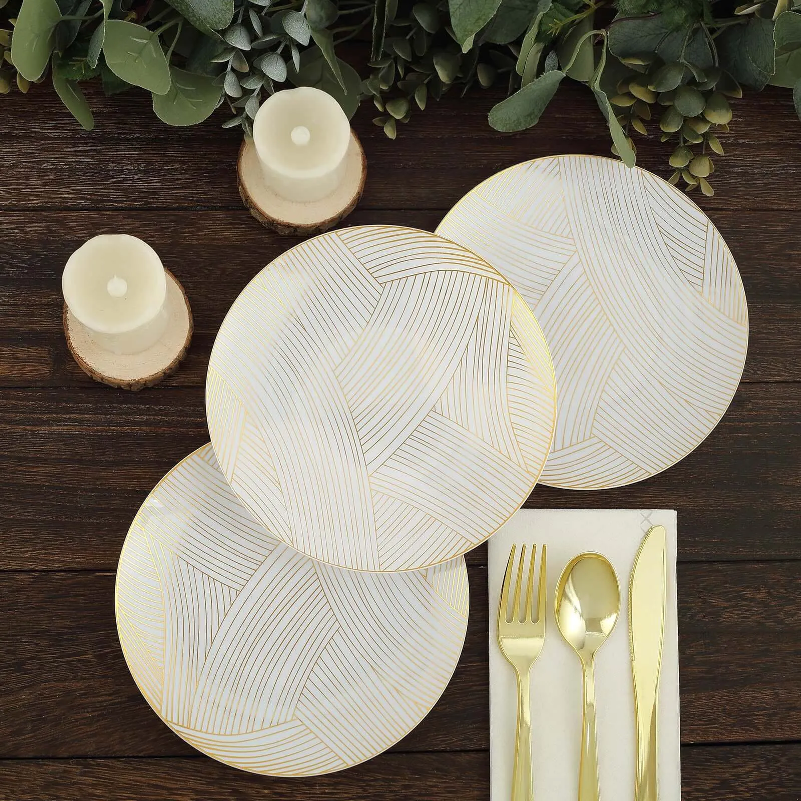 10 Pack 7" White Gold Wave Brush Stroked Disposable Salad Plates, Plastic Appetizer Dessert Party Plates