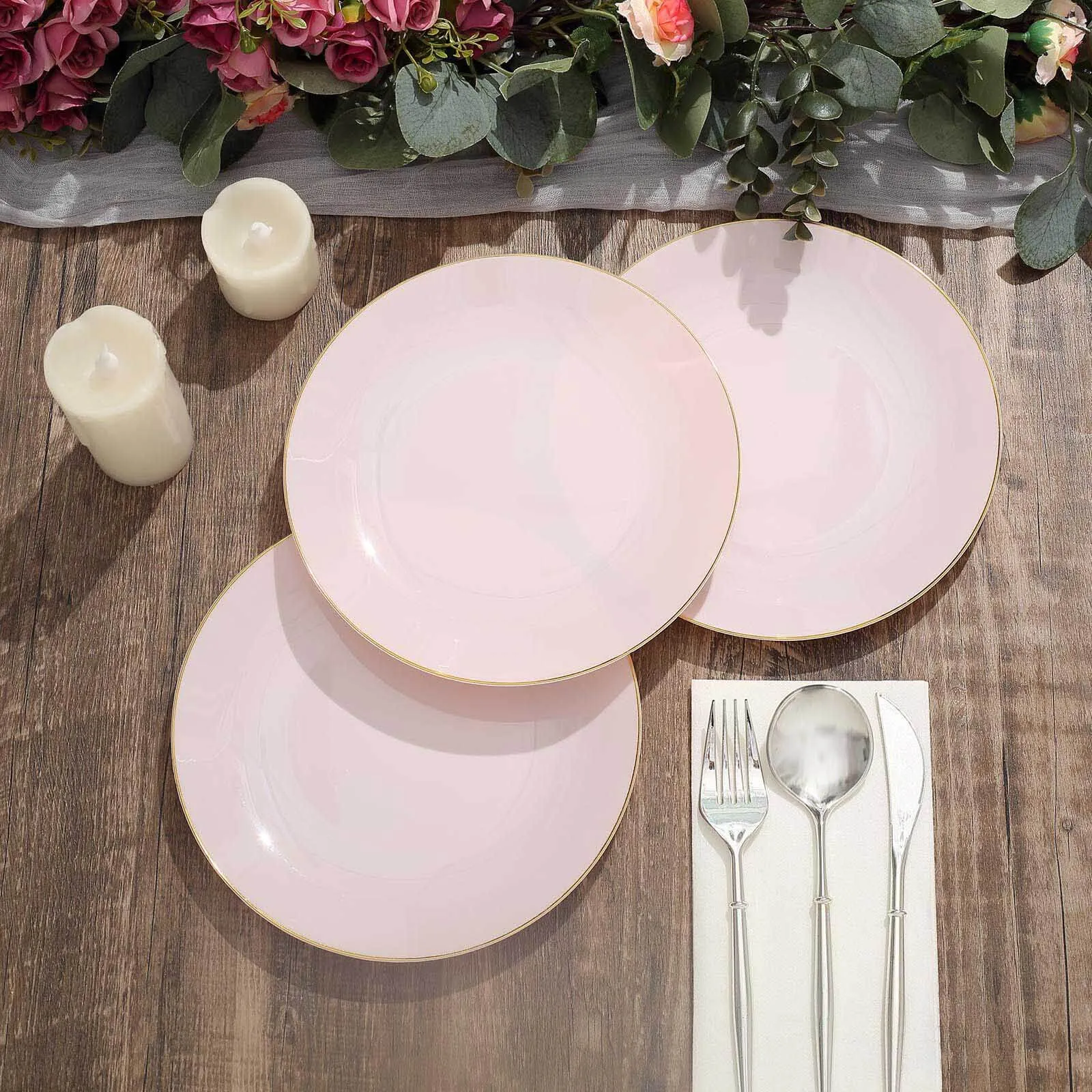 10 Pack 8" Glossy Blush Round Plastic Salad Plates With Gold Rim, Disposable Appetizer Dessert Party Plates