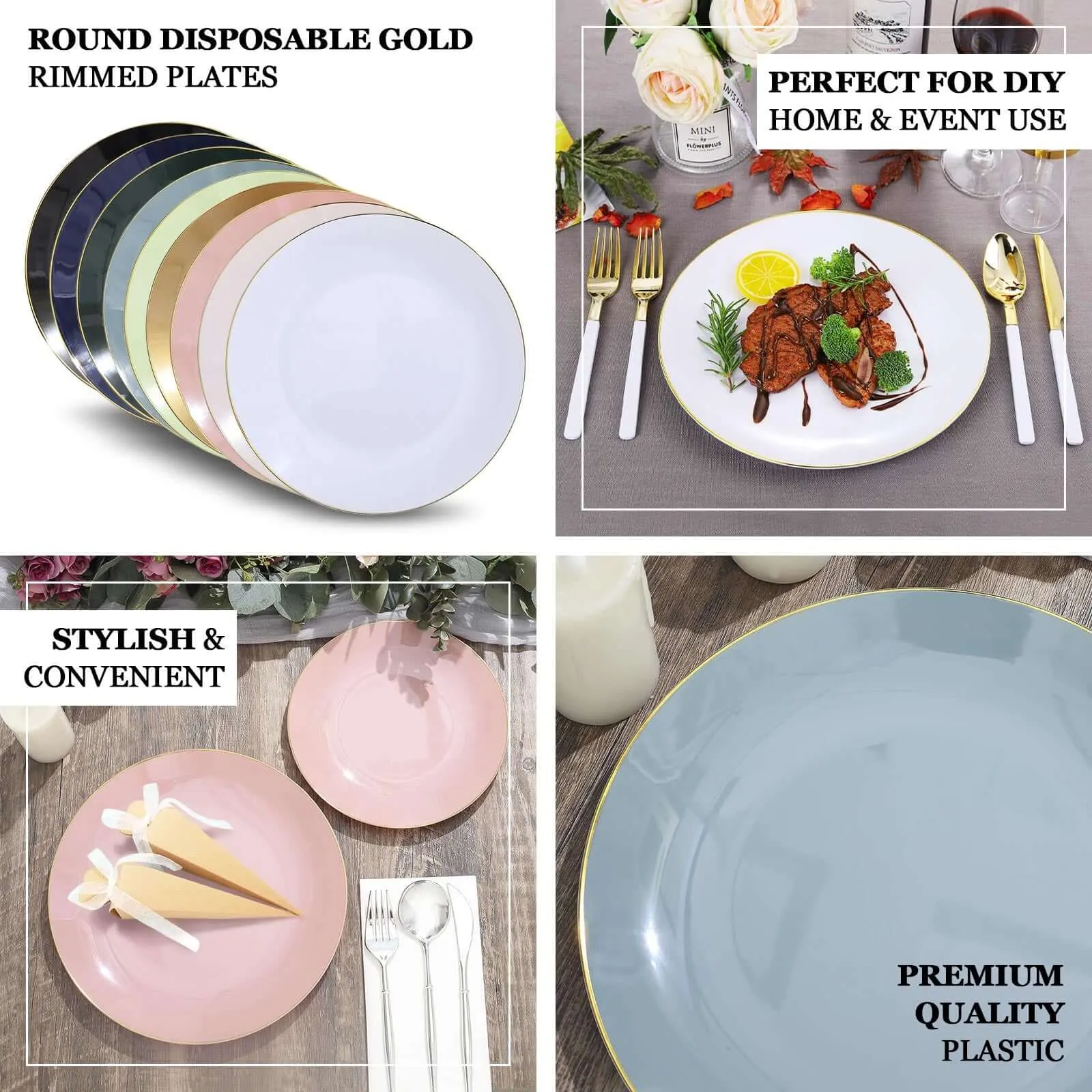 10 Pack 8" Glossy Blush Round Plastic Salad Plates With Gold Rim, Disposable Appetizer Dessert Party Plates