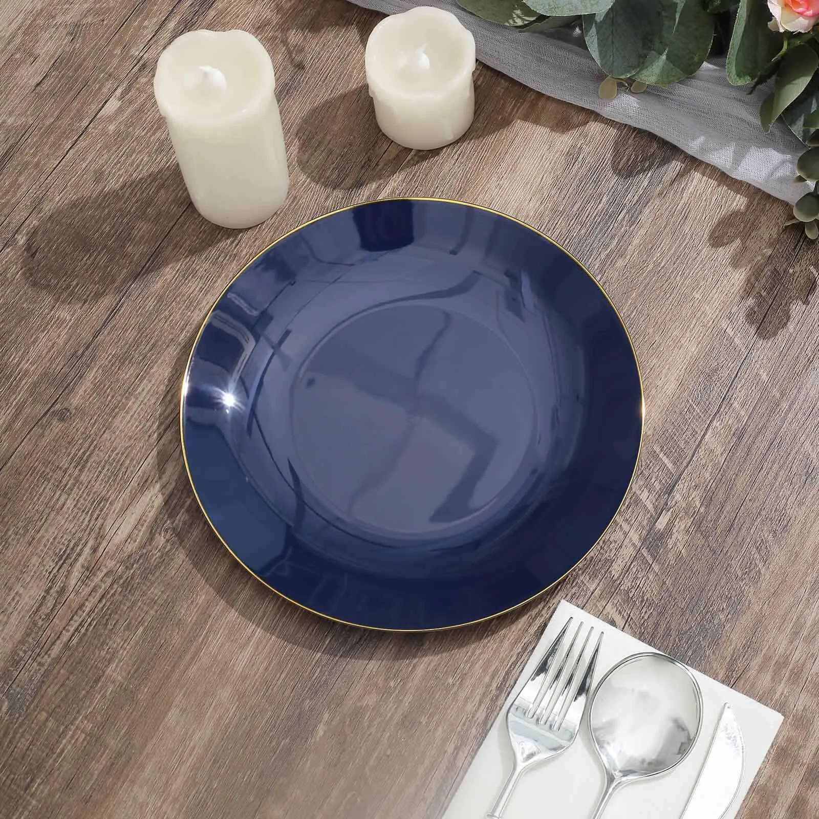 10 Pack 8" Glossy Navy Blue Round Plastic Salad Plates With Gold Rim, Disposable Appetizer Dessert Party Plates