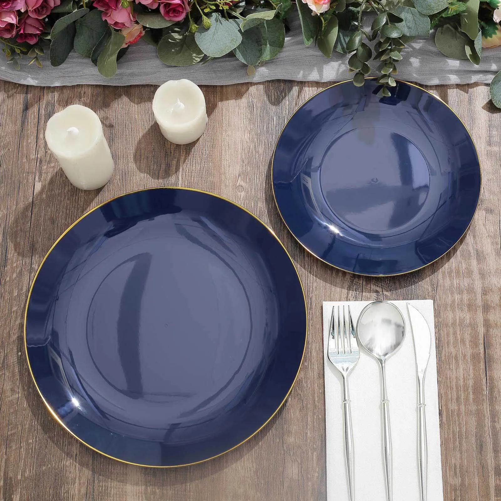 10 Pack 8" Glossy Navy Blue Round Plastic Salad Plates With Gold Rim, Disposable Appetizer Dessert Party Plates