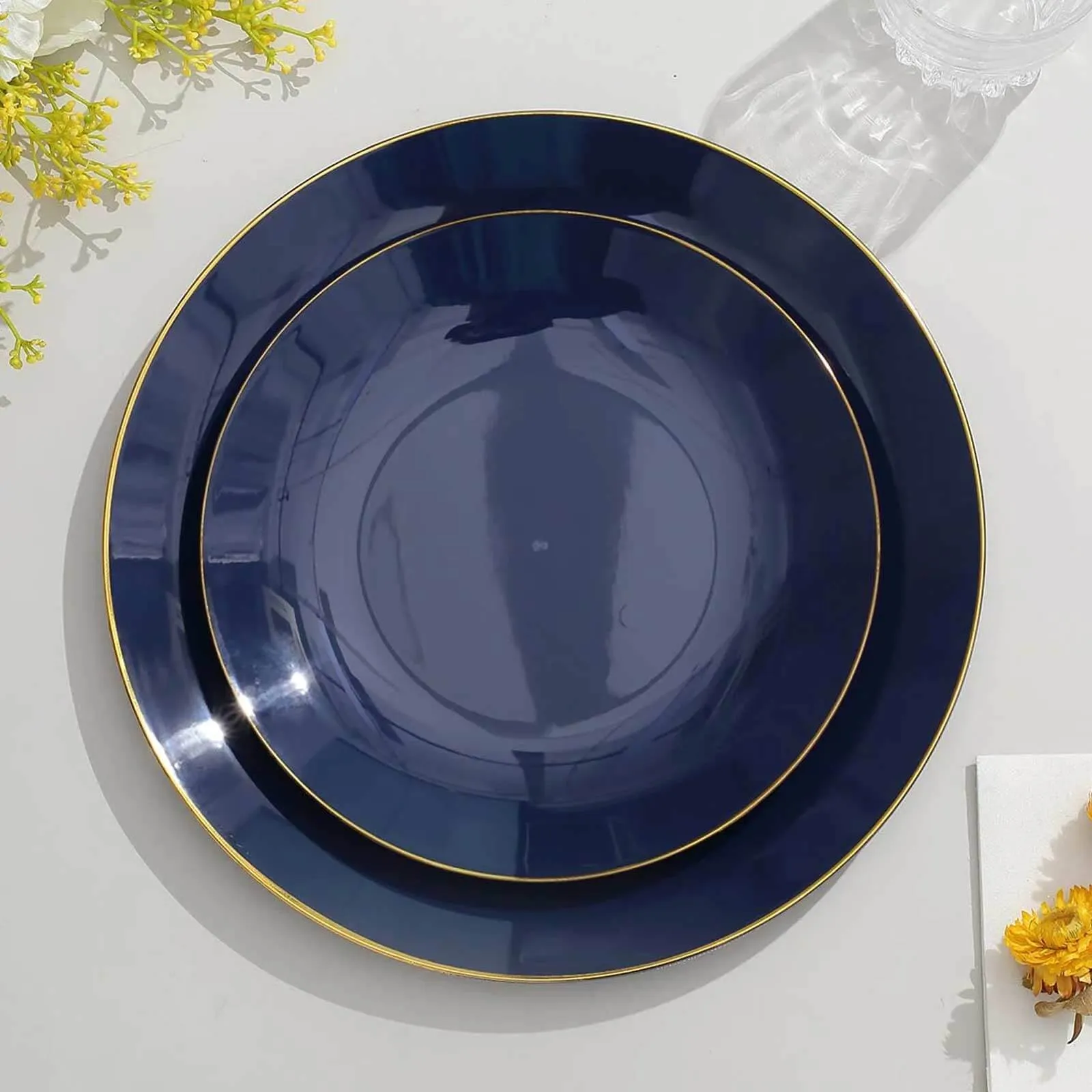 10 Pack 8" Glossy Navy Blue Round Plastic Salad Plates With Gold Rim, Disposable Appetizer Dessert Party Plates