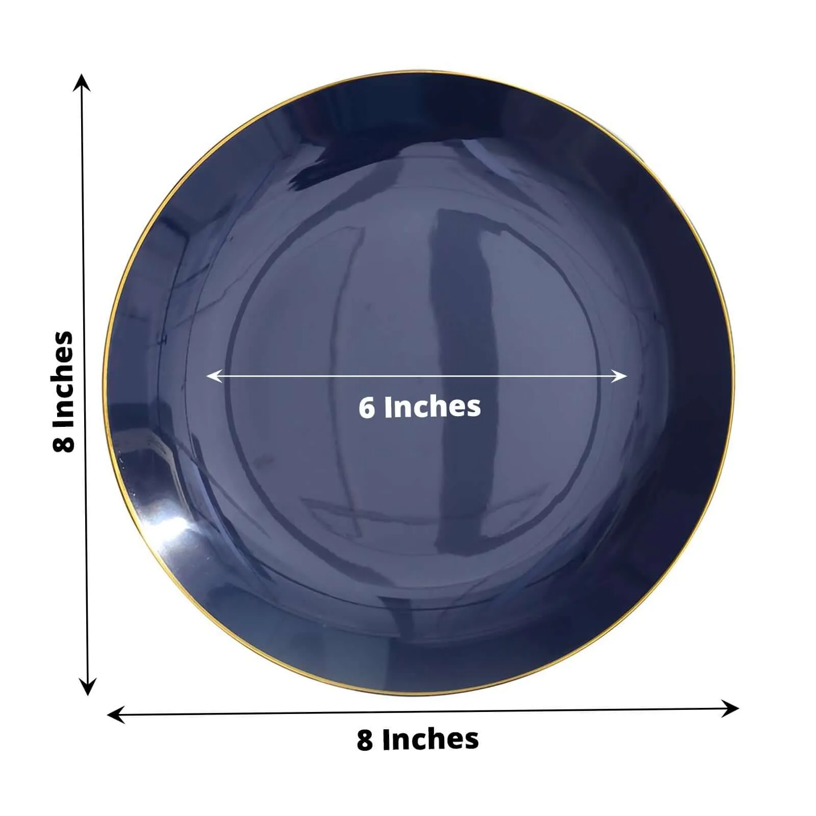 10 Pack 8" Glossy Navy Blue Round Plastic Salad Plates With Gold Rim, Disposable Appetizer Dessert Party Plates