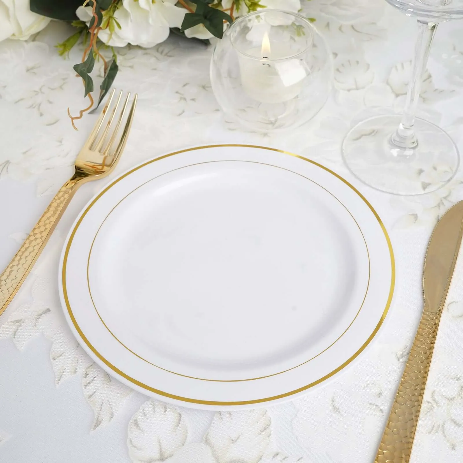 10 Pack 8" Très Chic Gold Rim White Disposable Salad Plates, Plastic Dessert Appetizer Plates